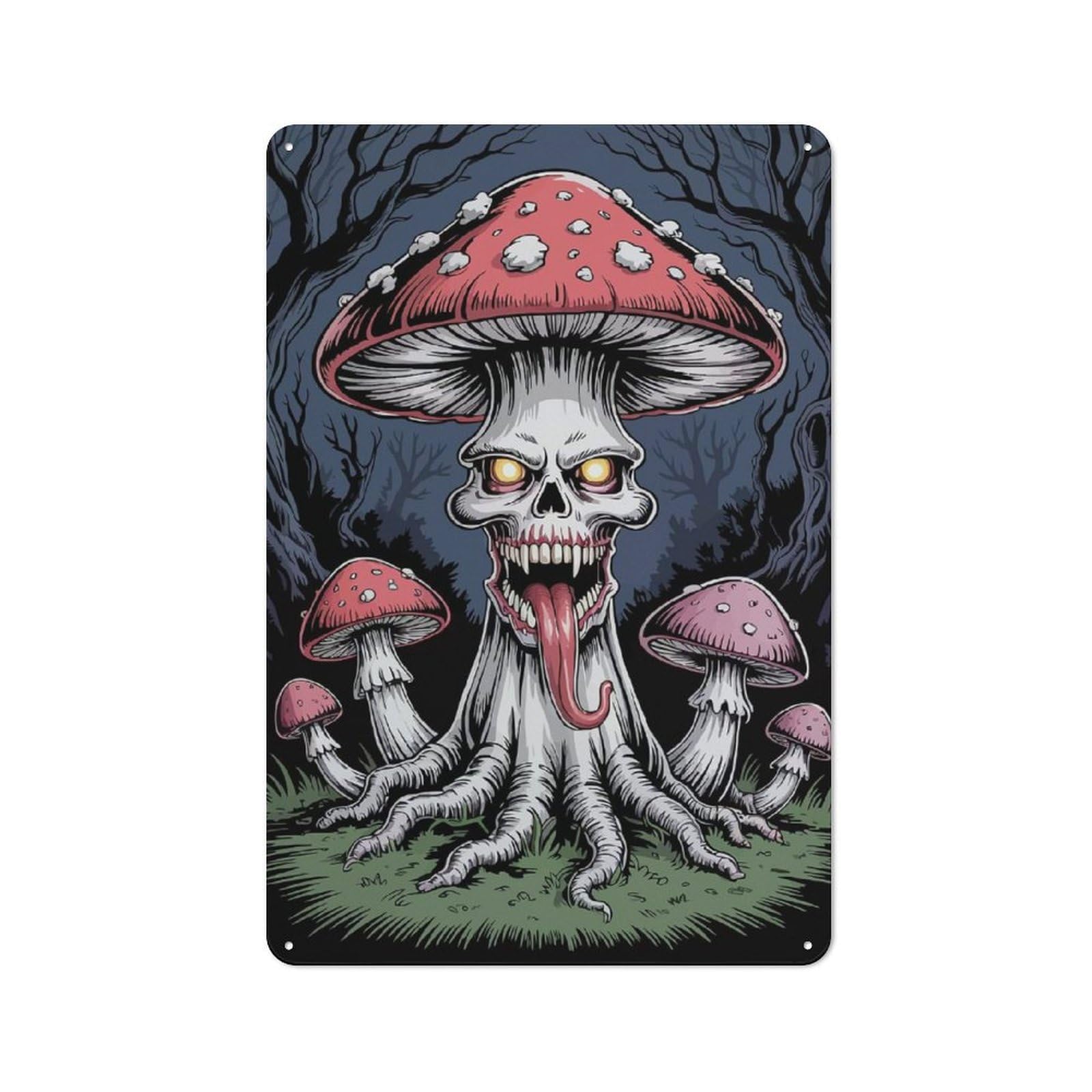 Junmoney Creepy Mushroom Skull In Dark Forest Tin Wall Plaque 30X20cm With For Hobby Room Or Studio, For Updating Hobby Room And Studio After Moving