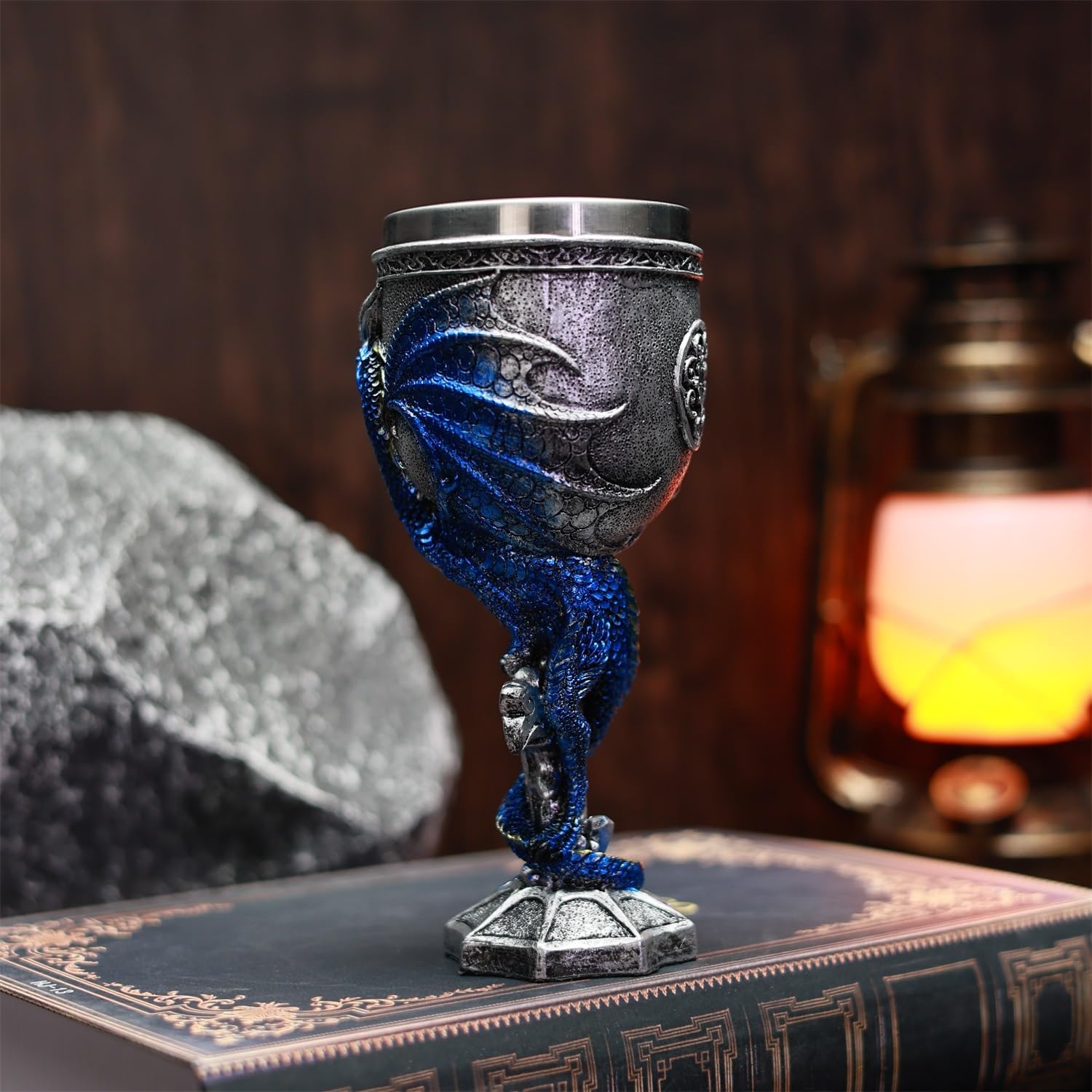 Medieval Dragon Cross Sword Goblet Stainless Steel Inlaid Resin Hand-painted Creative Party Wine Glass Holiday Birthday Gift (Blue)