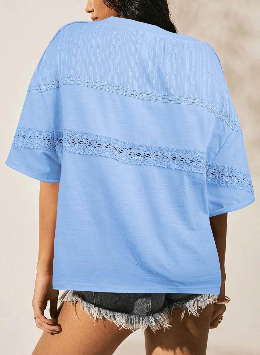 Womens Summer Tops Oversized Short Sleeve Boho Casual Shirts Flowy Lace Crochet Eyelet Loose Blouse Trendy 2025 - Image 3