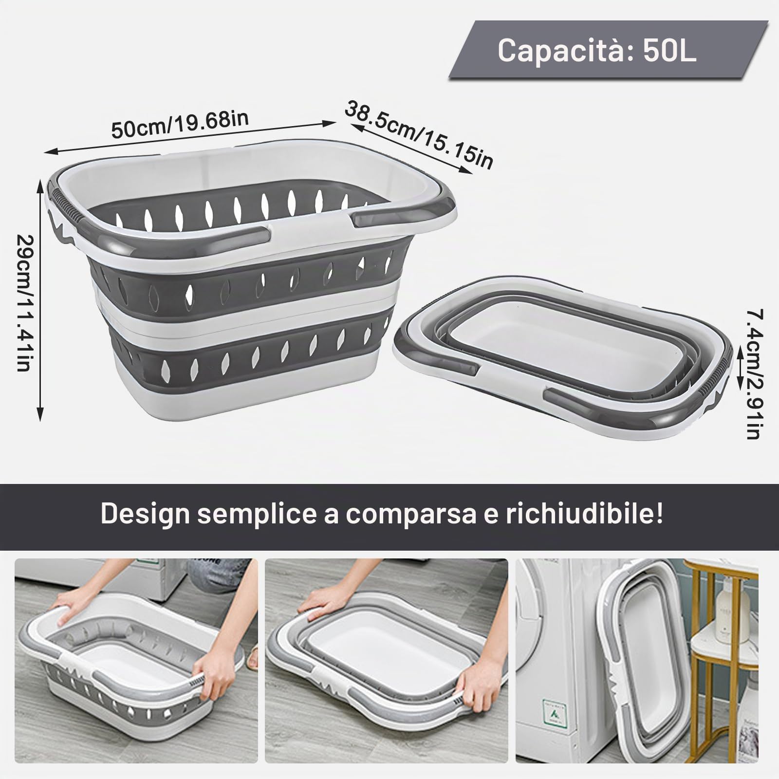 Cesto portabiancheria pieghevole in plastica da 50 litri con manici pieghevoli, cestino portatile salvaspazio per lavanderia, 50 x 38,6 x 29 cm