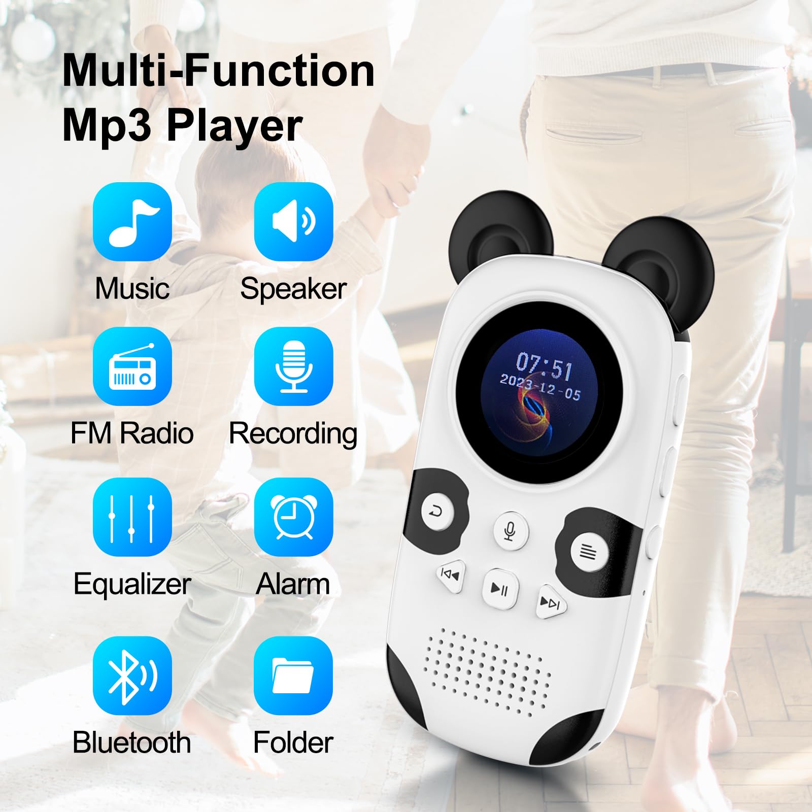 RUIZU 64 GB dziecięcy odtwarzacz MP3 z Bluetooth 5.3, głośnik i słuchawki, łatwa obsługa, bez smartfona, radia FM, nagrywanie głosu, budzik