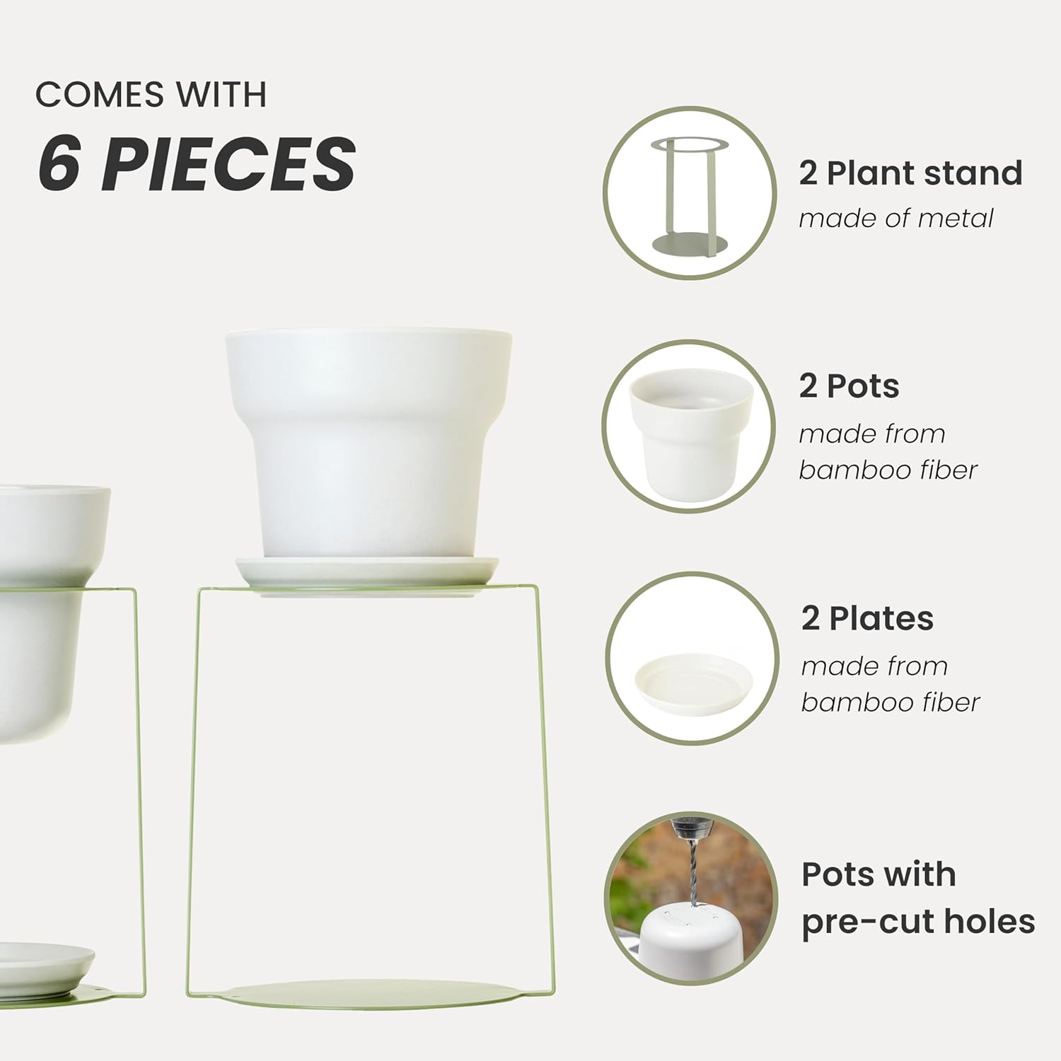Vigar Urban Garden Planter with Stand, 2 Set-Gray Flower Pots, Green Metal Plant Stand and Plant Saucer, Outdoor Plant Pots or Planters for Indoor Plants