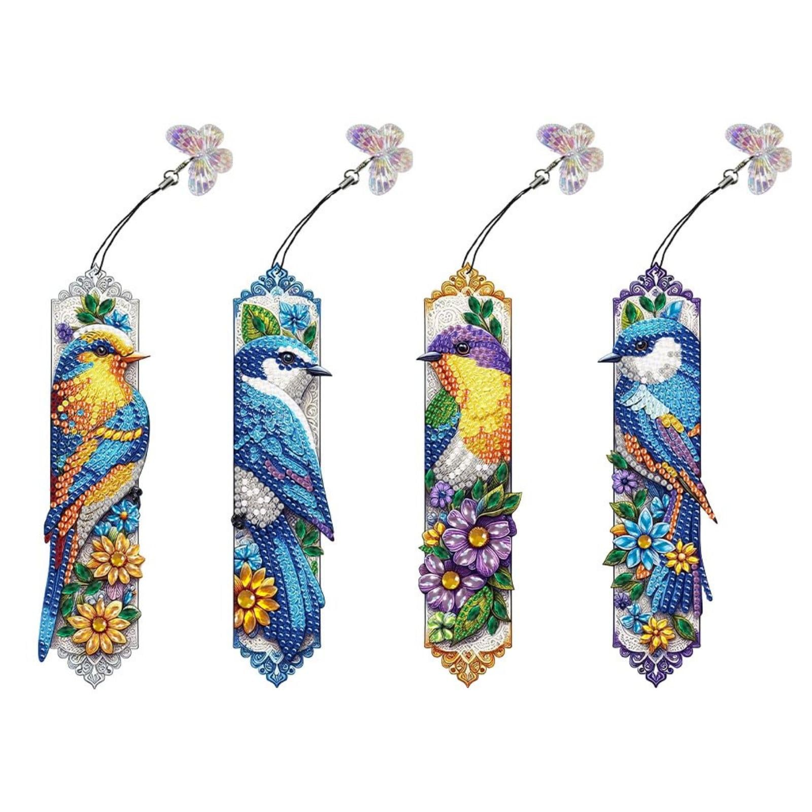 Lebartm 4Pcs DIY Diamond Art Painting Bookmarks with Colorful Butterfly Pendant PET Bookmark Ornament Double Sided Pattern Single Sided Diamond Book Marker Clip Gifts Tags-Bird