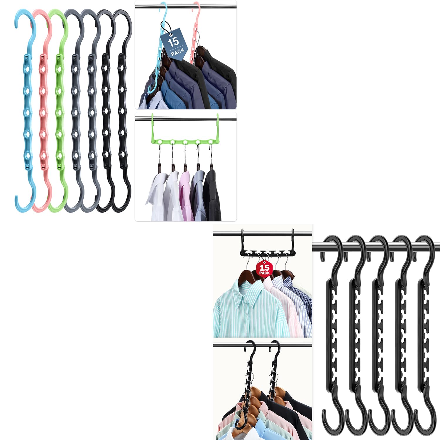 Boxusa 15 Pcs Space Saver Colorful and 15 Closet Organizers Black