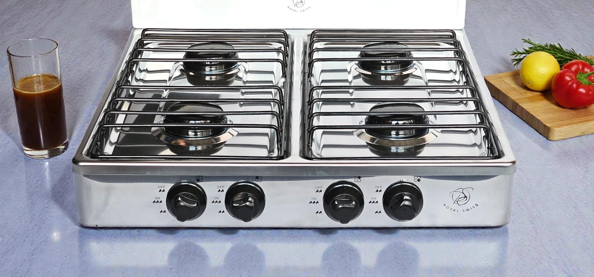 Royal Swiss Kuchenka gazowa z 4 palnikami, 2,2 kW, 100% LPG, przenośna kuchenka gazowa, wytrzymała metalowa obudowa, bezpieczny zapłon, kuchenka zewnętrzna i wewnętrzna