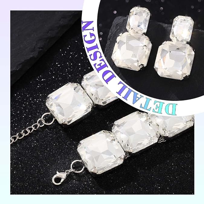 JEAIRTS Silver Rhinestone Choker Statement Necklace Jewelry Set for Women