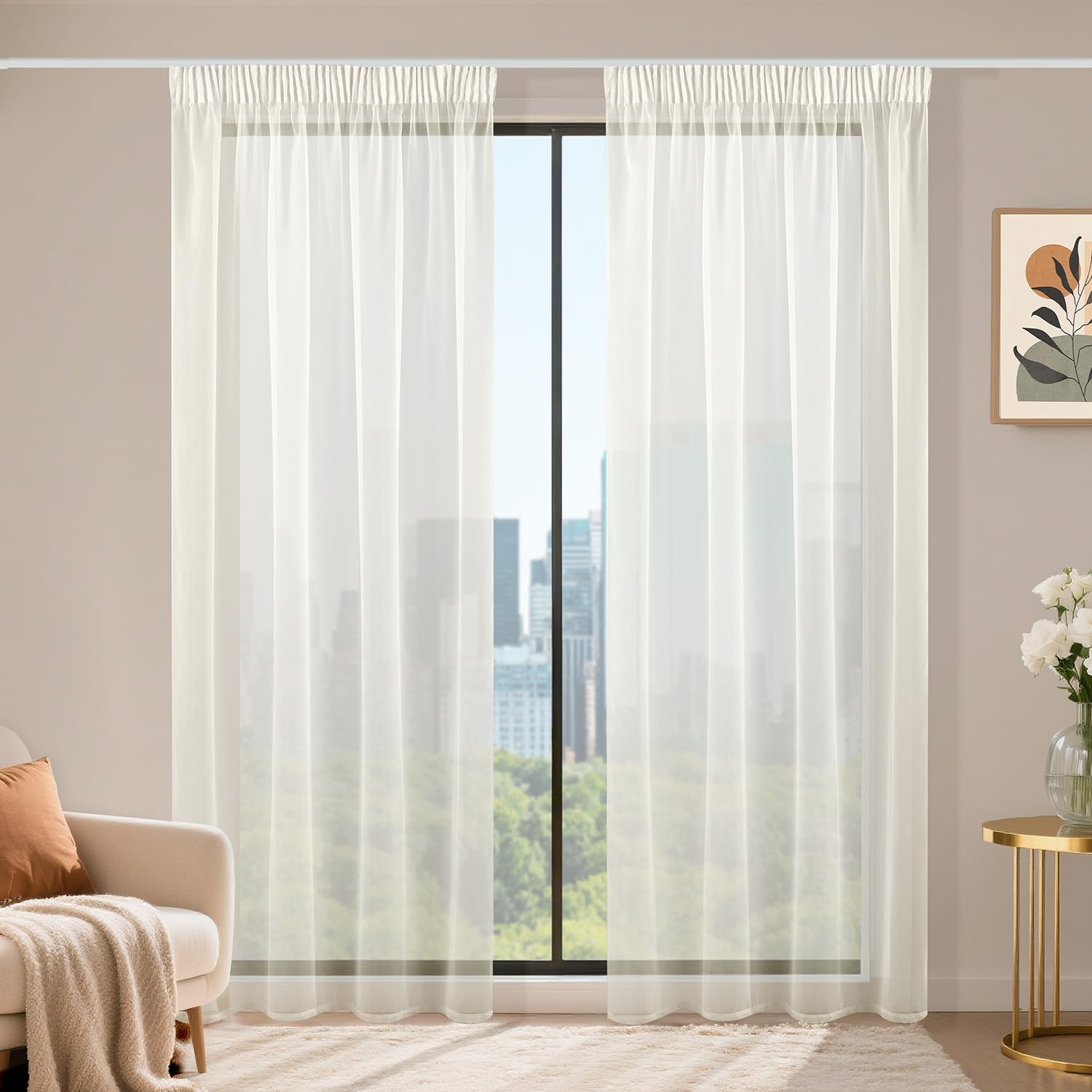 Runyéla Stores Gardinen mit Kräuselband 2er Set, Voile Schiebegardinen 220 x 140 (HxB), Transparent Gardine, Vorhang Beige, Vorhänge für Wohnzimmer Schlafzimmer Sheer Curtain