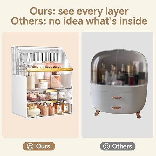 Miniatura 6 de Organizador de maquillaje, caja organizadora de tocador grande con tapa y 2 cajones con asa, versátil 3 niveles de almacenamiento transparente para