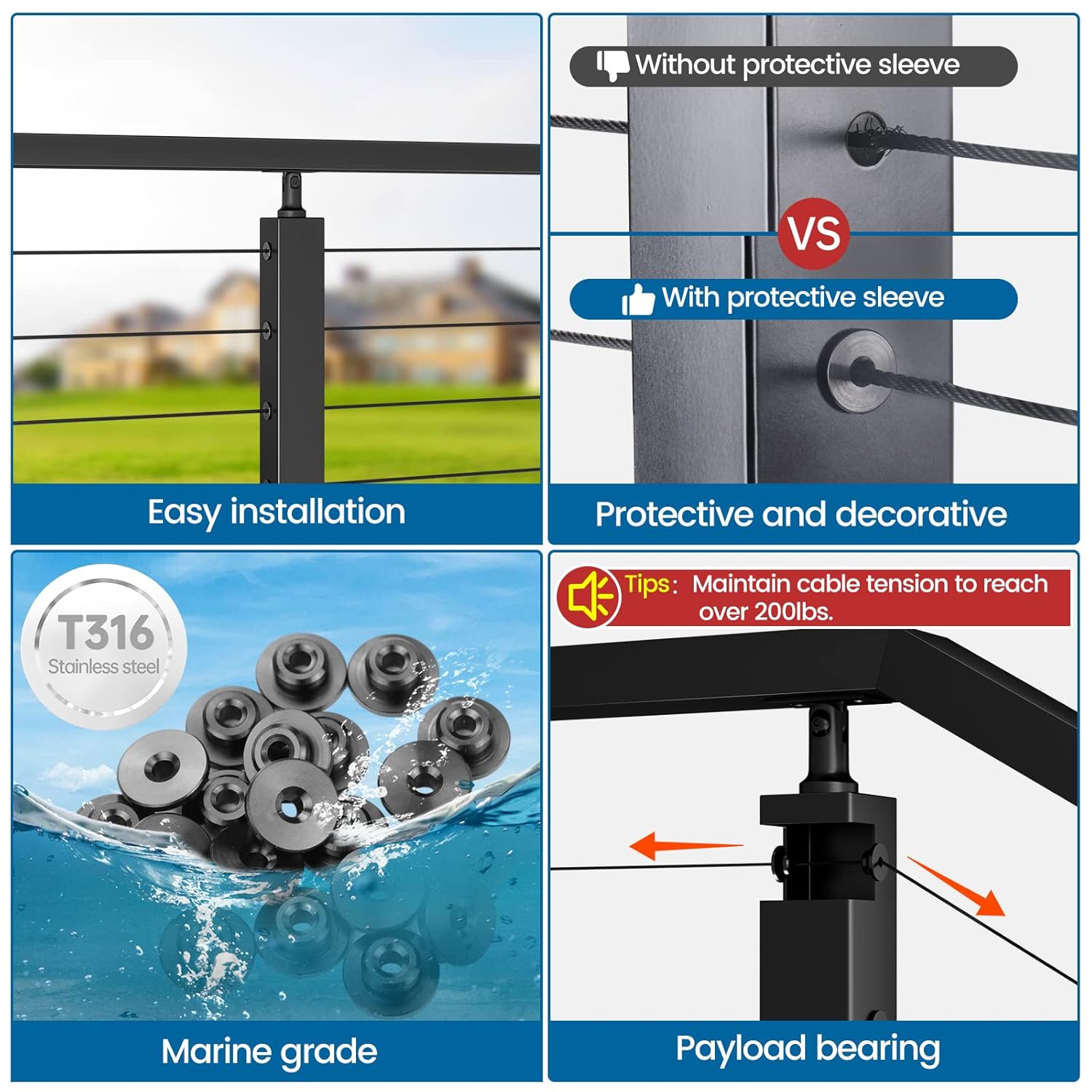 Muzata 40 Pack 1/8" Level Wheel Black Cable Railing Grommets ONLY for Level 1/8" Wire Rope T316 Stainless Steel Protector Sleeves Deck Cable Railing Hardware Kit Metal Posts CR72