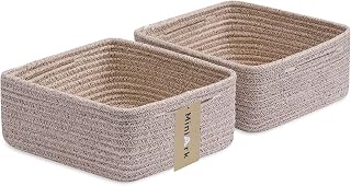 MiniArk Small Square Shallow Baskets for Organizing, 9.7x9.7x4.3 Inch Rope Woven Storage Bins for Cubes Closet, Shelves Storage, Boho Decorative Basket, 2 Packs Mixed Brown