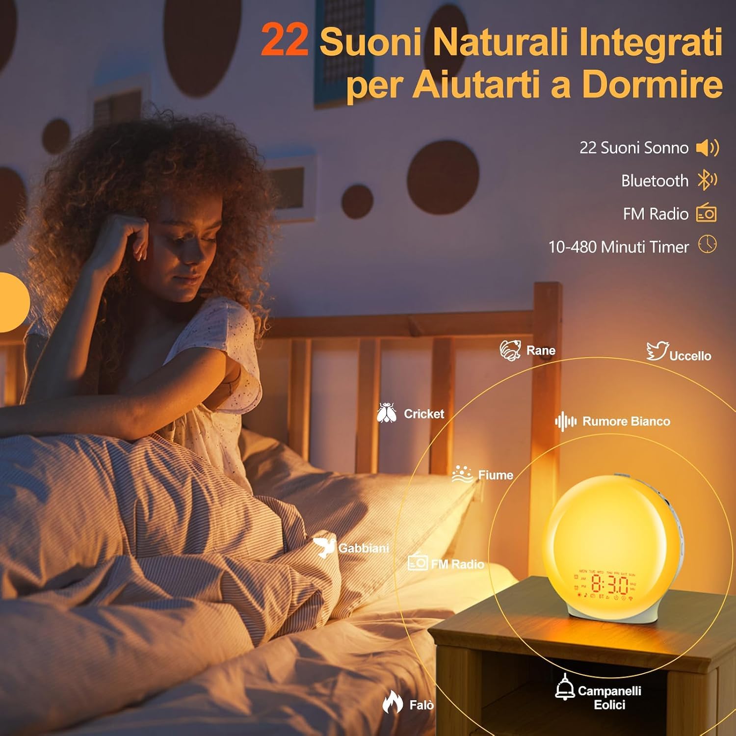 Sveglia Alba Bluetooth, Wake up Light Luce Sveglia,Sveglia da Comodino | Simulazione Alba/Tramonto, Doppio Allarme, 17 Colori, 22 Suoni Naturali, Snooze, Radio FM, Controllo Rullo