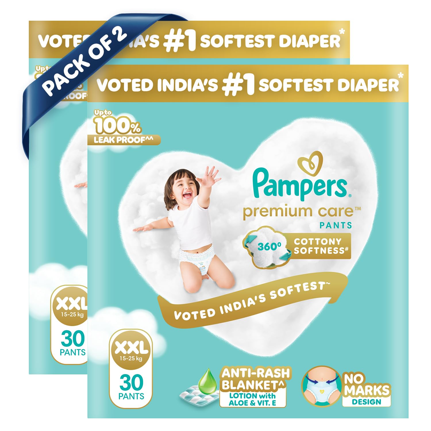 Pampers Premium Care Pants, Double Extra Large size baby diapers (XXL), 30 Count, Softest ever Pampers pants (Pack of 2)-image-0