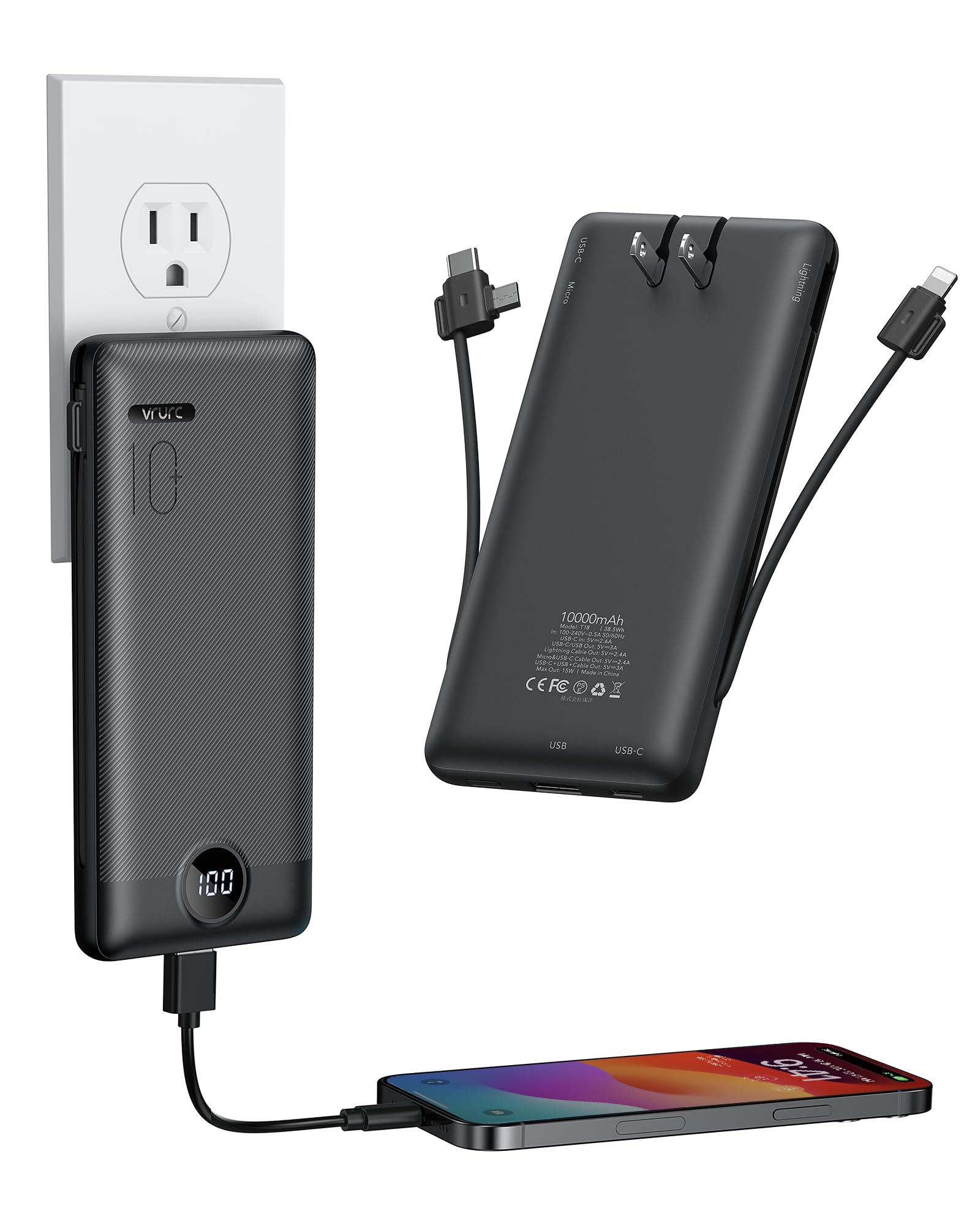 VRURC Portable Charger with Wall Plug, 10000mAh Slim Portable Charger Built  in Cables,PD 20W Fast Charging Power Bank with Cords,USB C Portable Phone