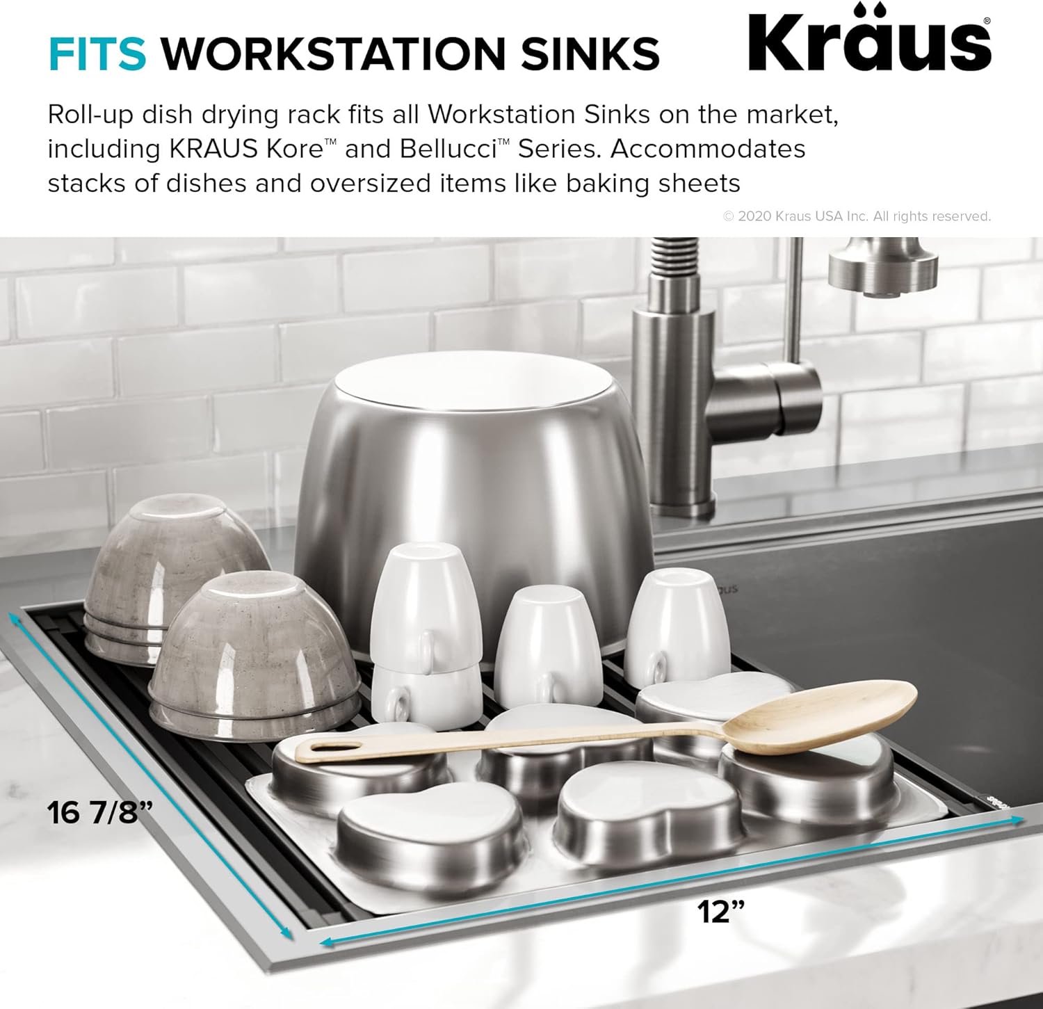 Kraus Multipurpose Workstation Sink Roll-Up Dish Drying Rack, Colander and Trivet in Black, KRM-11BL