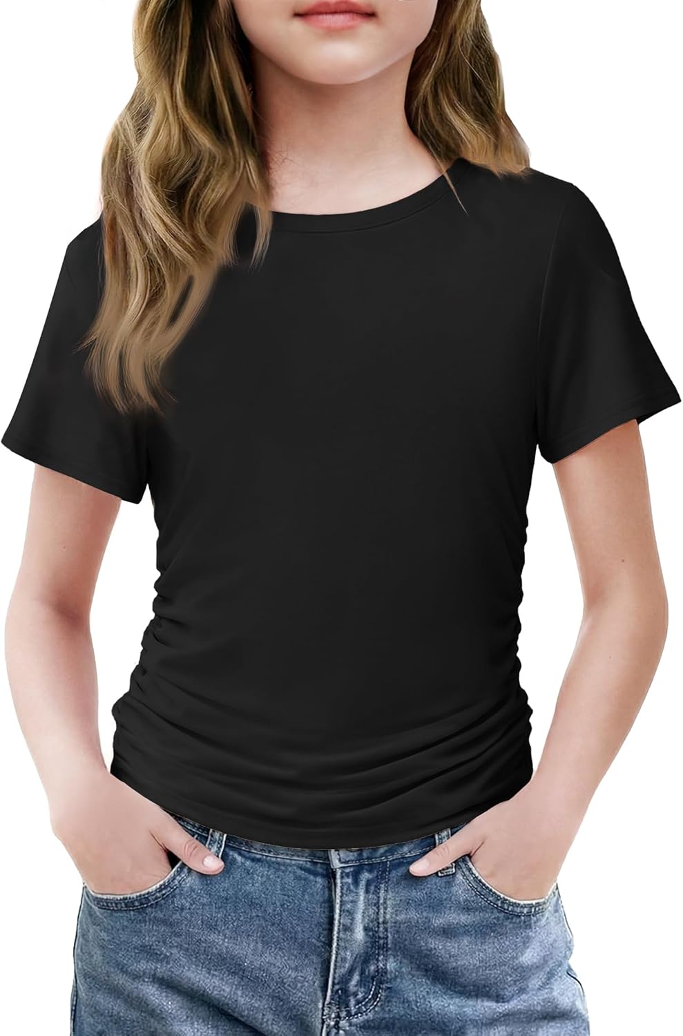 Arshiner Girls Shirts Side Ruched Short Sleeve Crewneck Fitted Tops Casual Summer Soft Tee Clothes 5-12 Years