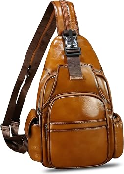 Genuine Leather Sling Bag for Men and Women Handmade Sling Backpack Purse Chest Over Shoulder Crossbody Bag Large Capacity Brown