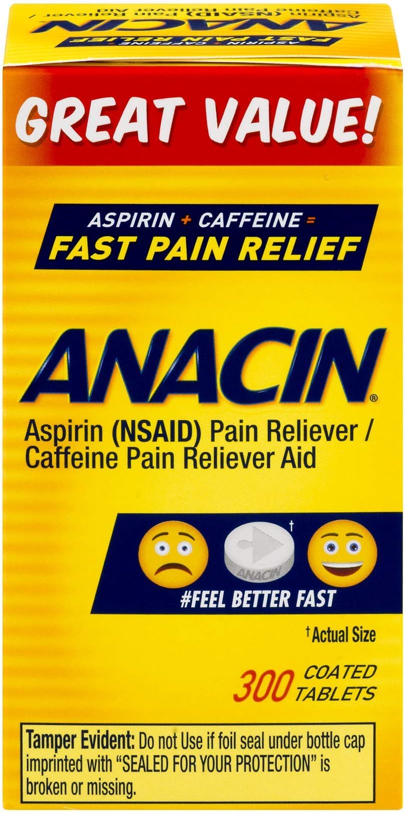 Anacin Aspirin/Caffeine Pain Reliever Aid | Fast Pain Relief | 300 Tablets