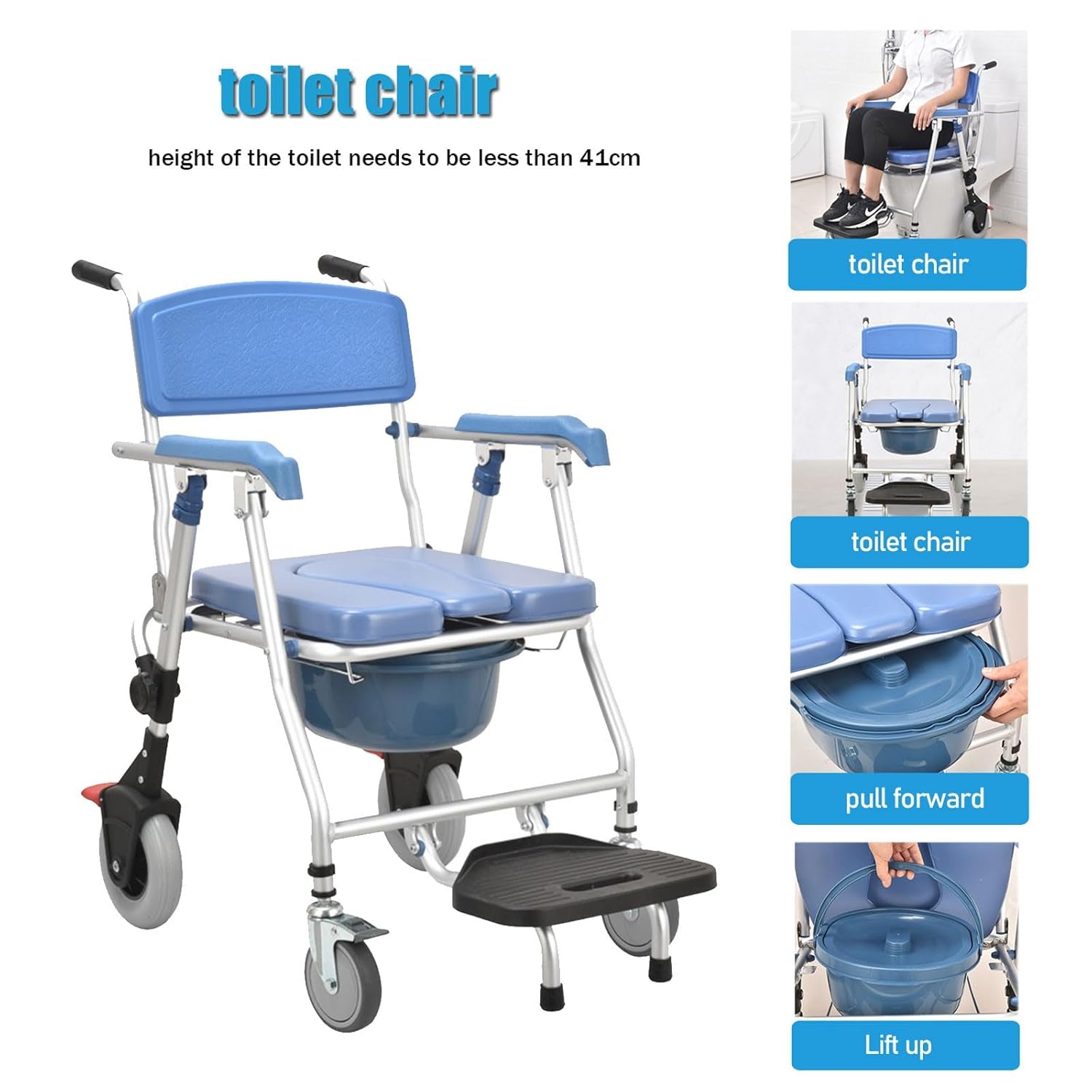 Commode Shower Chair with Wheels, 3-in-1 Folding Bedside Commode Chair for Toilet with Soft Cushion and Bed Pan, Shower Chair for Elderly and Disabled, Load Capacity: 330 lbs