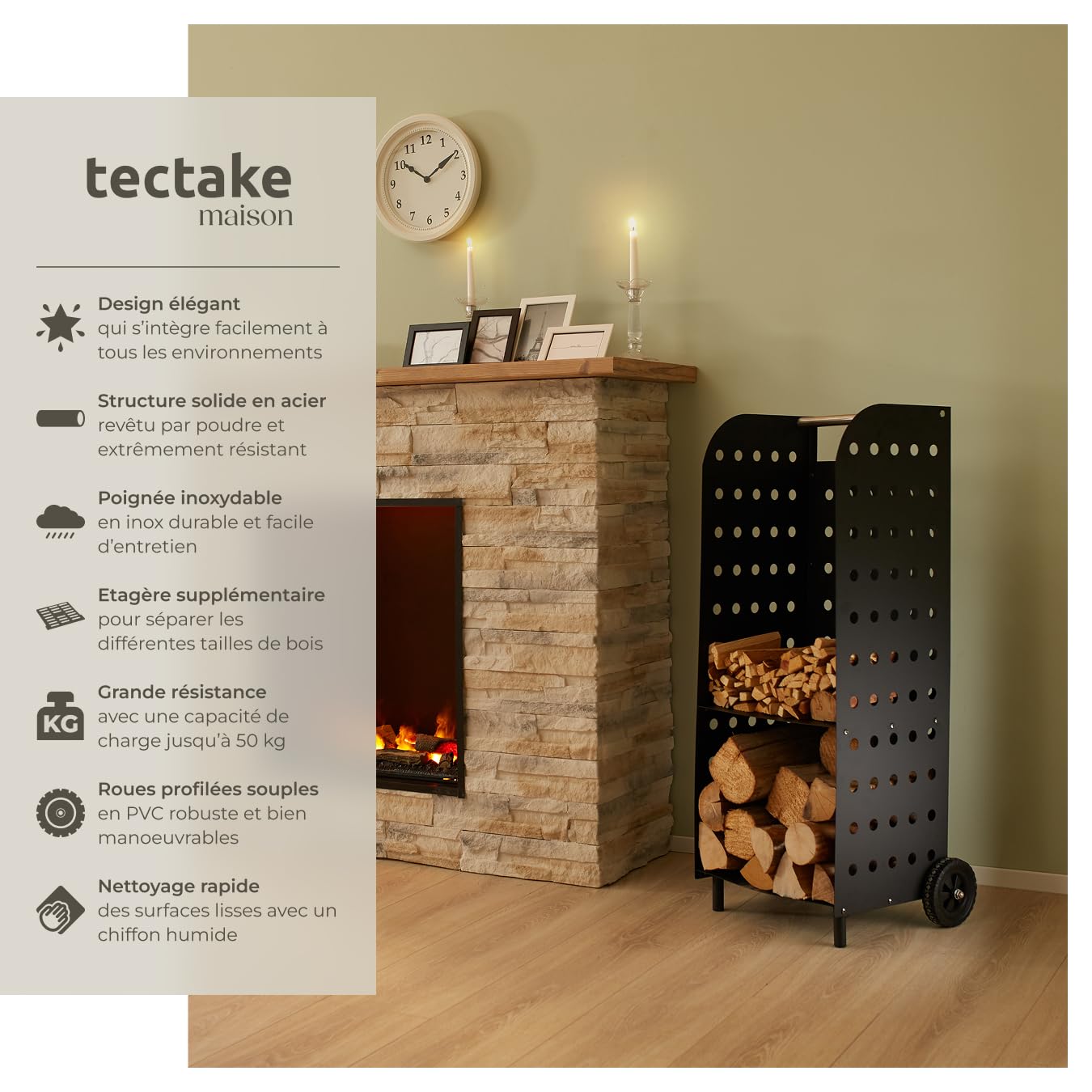 TecTake® Chariot à Bois à Roulettes - Range-Bûches Intérieur - Étagère pour Bois de Chauffage 53,5x41x112 cm - Accessoires pour Cheminée