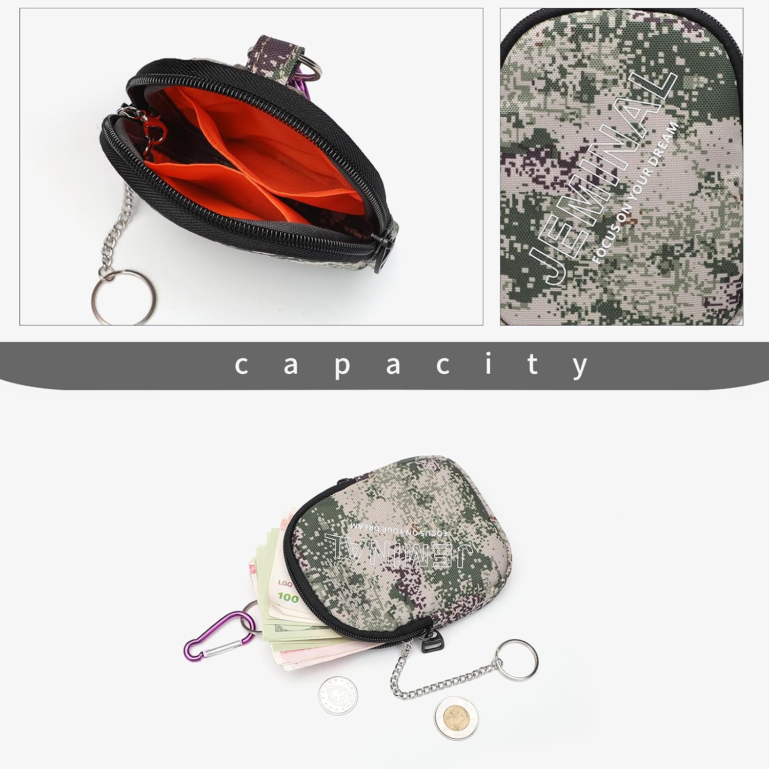 JEMINAL Nylon Double Zipper Coin Wallet with Belt Loop & Detachable Lanyard, Lightweight Coin Pouch for Keys Cards Coins, Jungle Camo