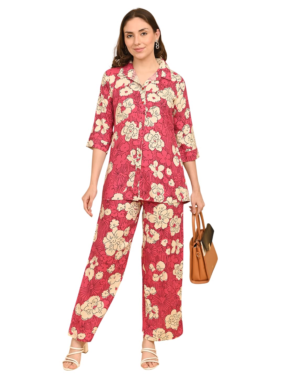 Women Printed Co-Ord Set, Rayon Relax Wear, Shirt Collar, Three Quarter Sleeves, Button Closure, Regular Fit Lounge Set for Home and Casual Wear-image-43
