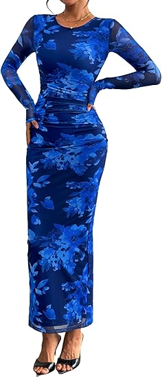 PRETTYGARDEN Fall Wedding Guest Dresses for Women 2025 Long Sleeve Ruched Sexy Bodycon Floral Mesh Cocktail Party Maxi Dress