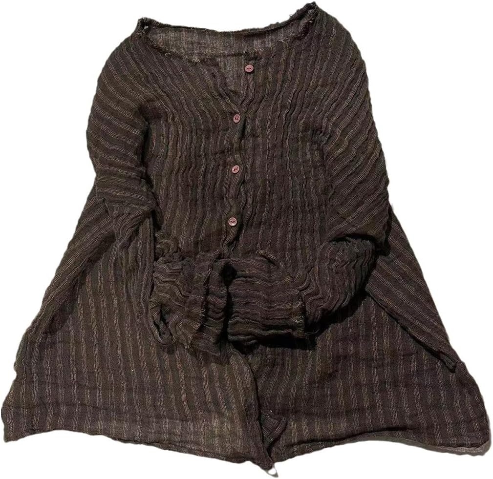 NFYM Womens Button Down Shirts Gauze Linen Dress Shirt Long Sleeve Pleated Stripe Tunic Tops