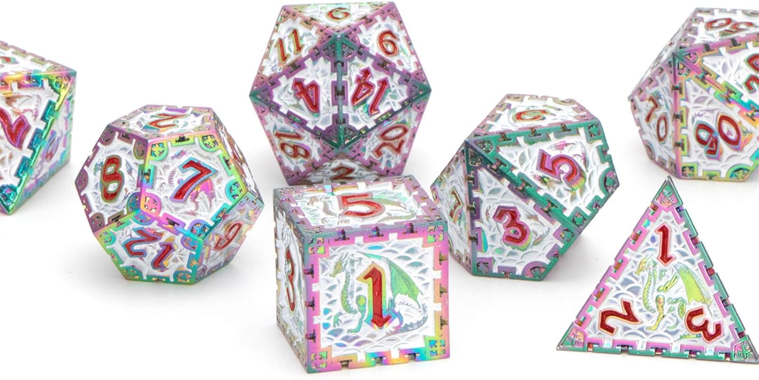 DND Dice Set , RUNFNG Metal Dice Set Dungeons and Dragons Dice , 7 Pcs D+D Polyhedral Dice Set D20 D12 D10 D8 D6 D4 , Rainbow White D&D Dice Set for Role Playing Game with Box d and d dice Set
