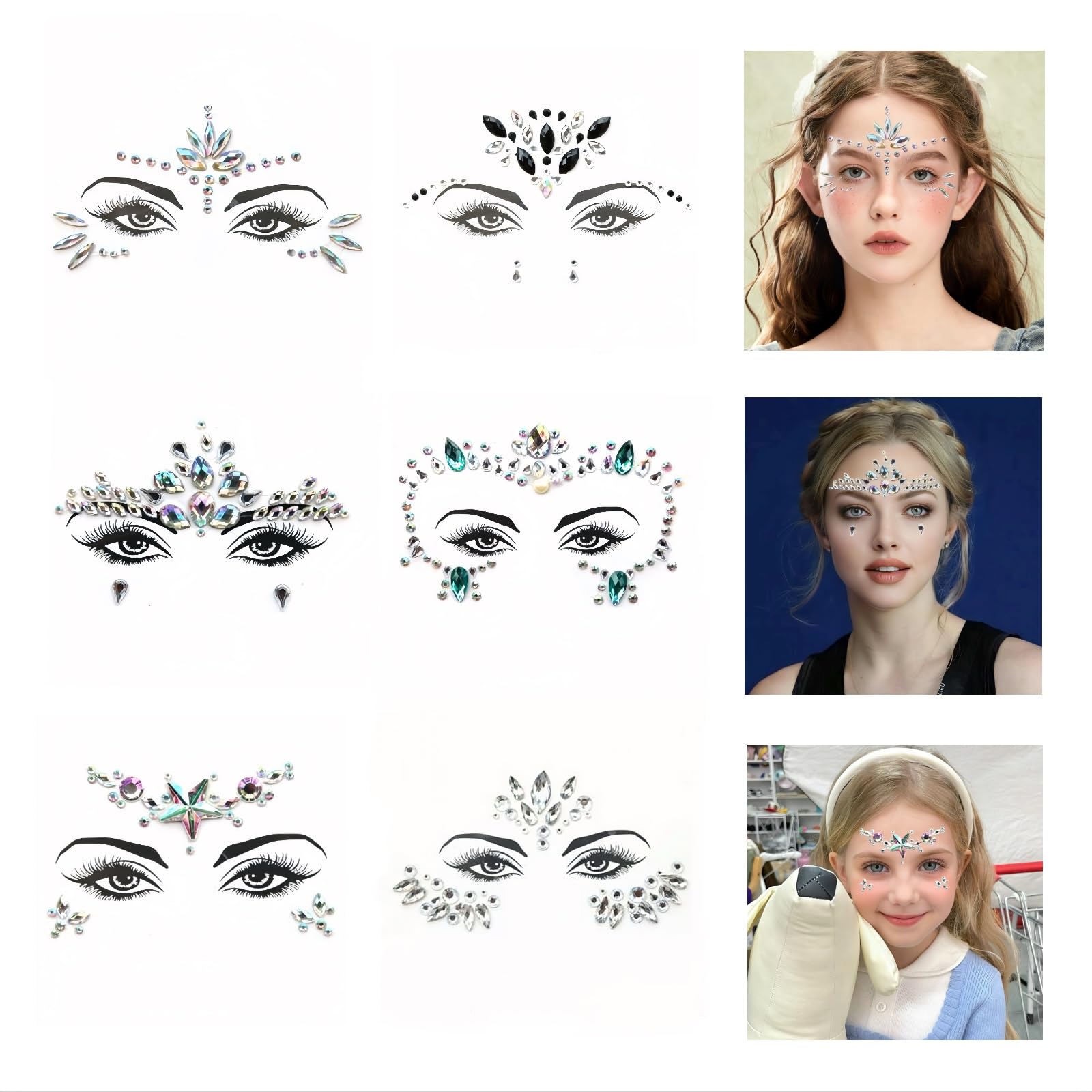 6 Pcs Face Jewels Stickers,Halloween Face Gems Stick On,Sparkling Face Gems For Festivals, Music Festivals