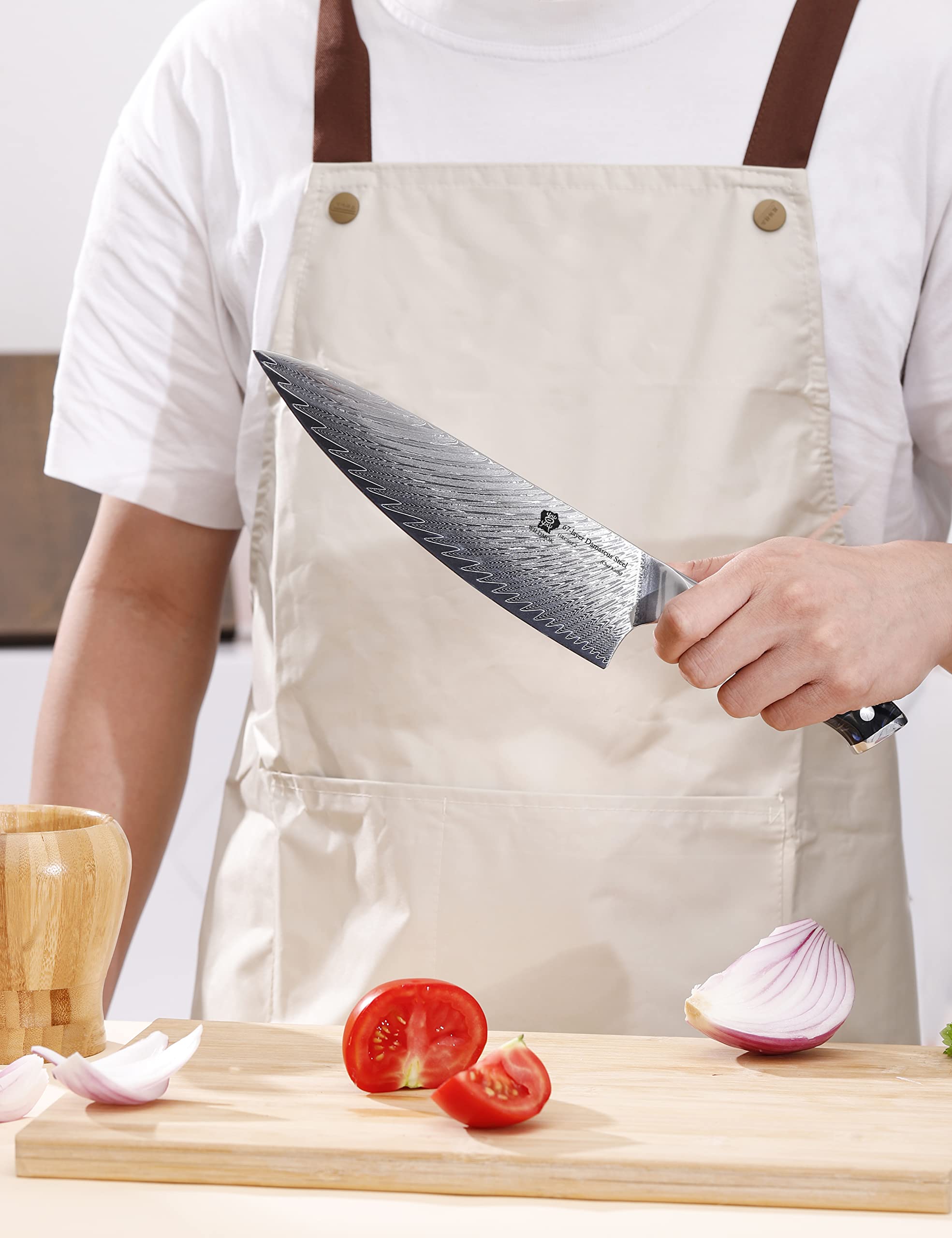 WILDMOK Cuchillo de chef, cuchillo de chef japonés de Damasco de 20 cm, cuchillos de cocina con mango de resina negra de acero VG10 japonés, cuchillos de chef de cocina japonesa de Damasco