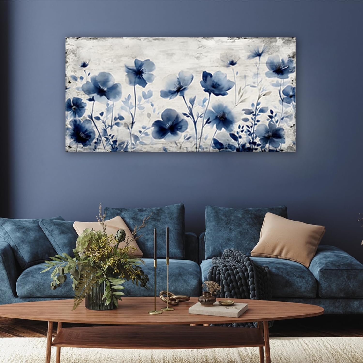JLXART Flower Poster Canvas Wall Art Modern Blue Floral with White Background Print for Living Room Office Home Decor,20X40inch
