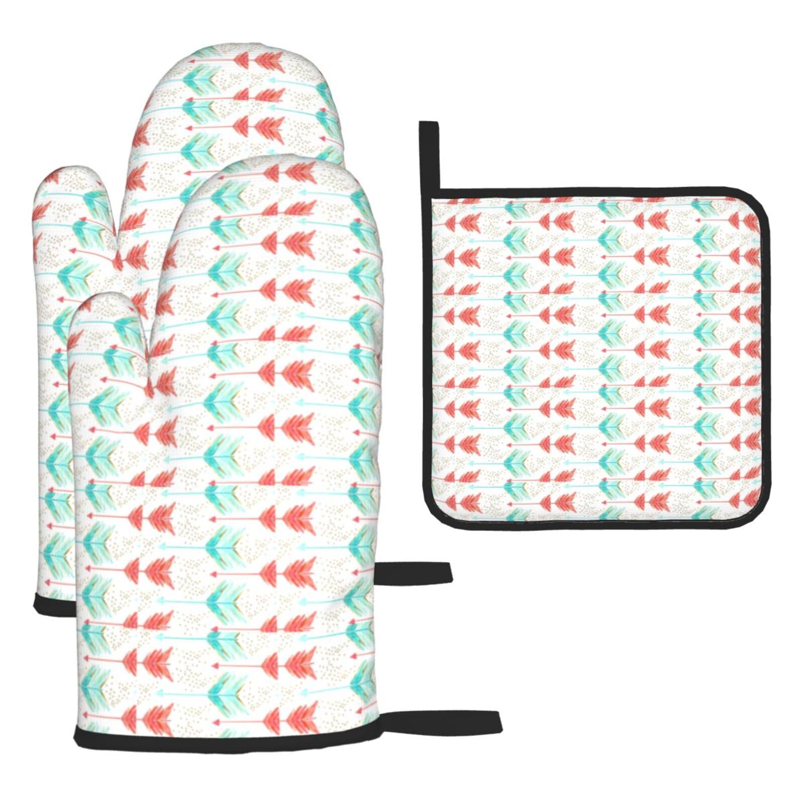 Coral And Teal Arrows Print Oven Mitts Kitchen Gloves Set Everyday Baking Grilling Microwaving Cooking Gift