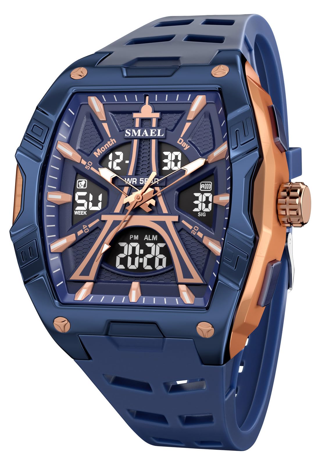 Gosasa Tonneau - Reloj deportivo analógico digital para hombre, resistente al agua hasta 50 m, reloj de pulsera de gran tamaño con retroiluminación LED, cronómetro, alarma, visualización de fecha y