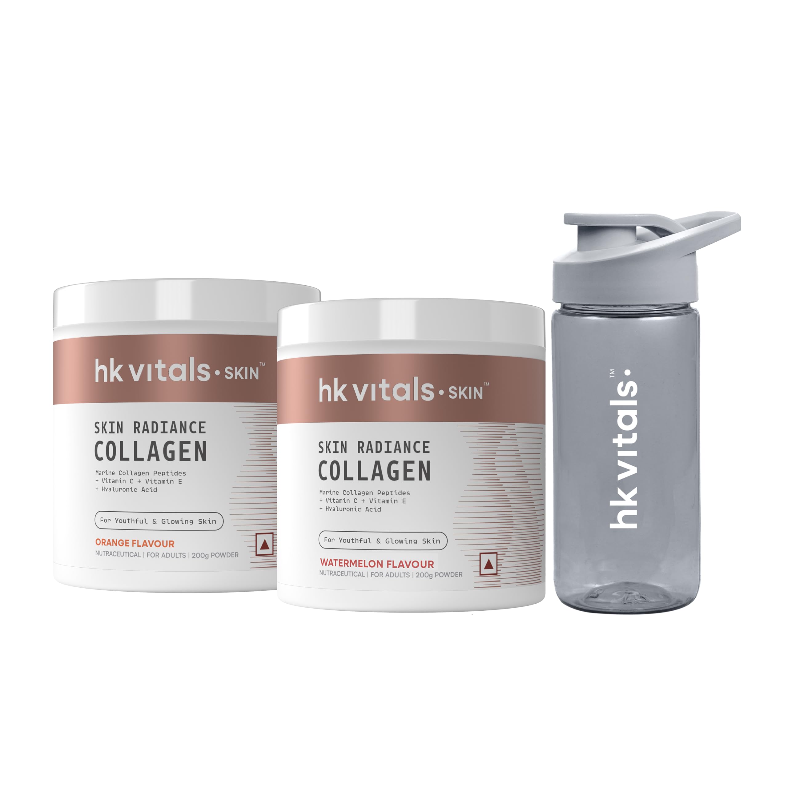 HealthKart Hk Vitals Skin Radiance Collagen Powder, Marine Collagen (Orange & Watermelon, 200 G), Collagen Supplements With Biotin, Vitamin C & E, For Healthy Skin, Hair & Nails (Teal, 300 Ml)