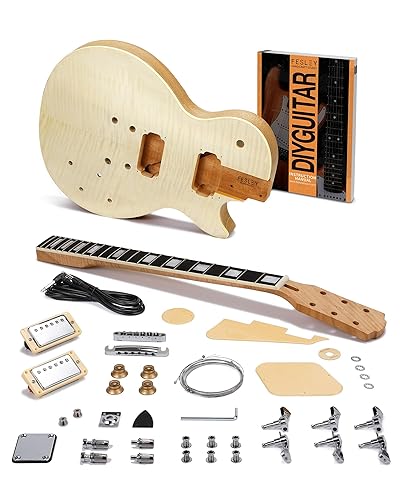 Fesley DIY LP Style Electric Guitar with Mahogany Wood Body/Neck, 6 String, Techwood Fretboard, H-H Pickups, Flamed Maple Veneer Top, Build Your Own Guitar Kit - Natural - LP-Natural