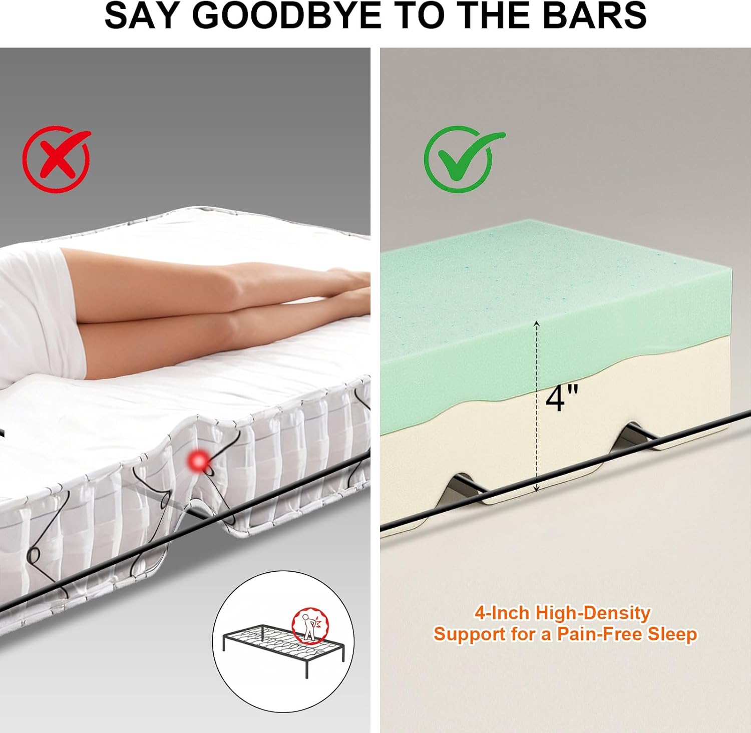 4 Inch Sofa Bed Mattress Replacement, Full Size - High Density Memory Foam Pull Out Couch Mattress Topper, Hybrid Topper-Mattress Design for Folding Sleeper Sofa, CertiPUR-US (Sofa Not Included)