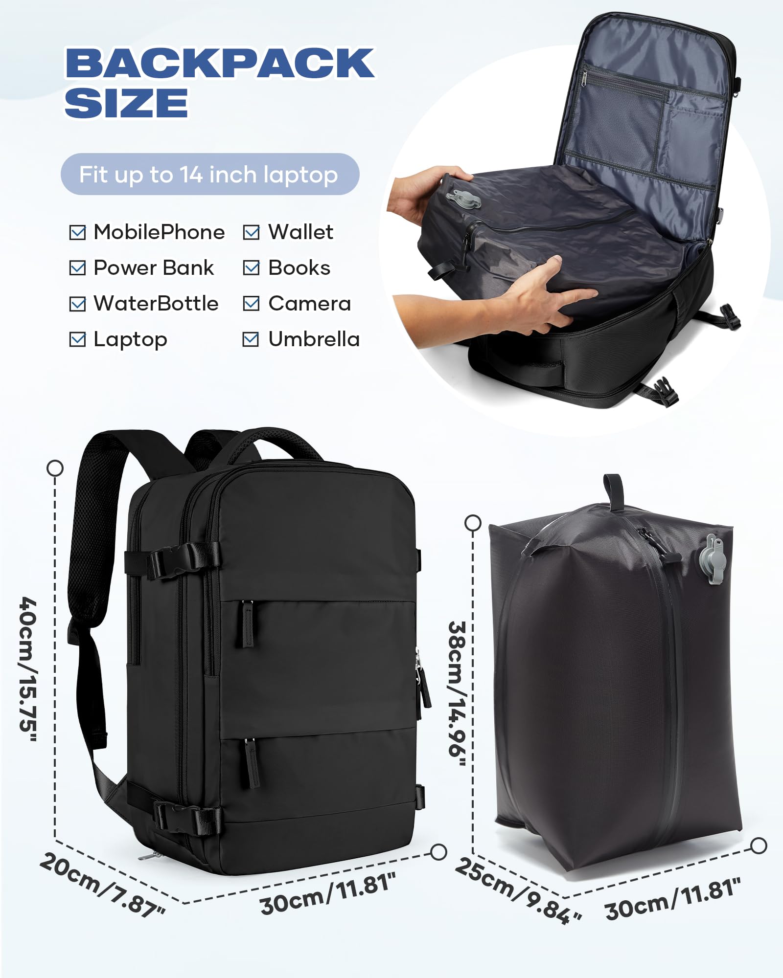 SZLX Zaino Ryanair 40x30x20 Sottovuoto con Pompa Zaino Ryanair 40x20x25 Donna Zaino da Viaggio Wizzair Bagaglio a Mano Uomo per Laptop da 14 Pollici Borse da Cabina 45x36x20 Easyjet con Porta Scarpe