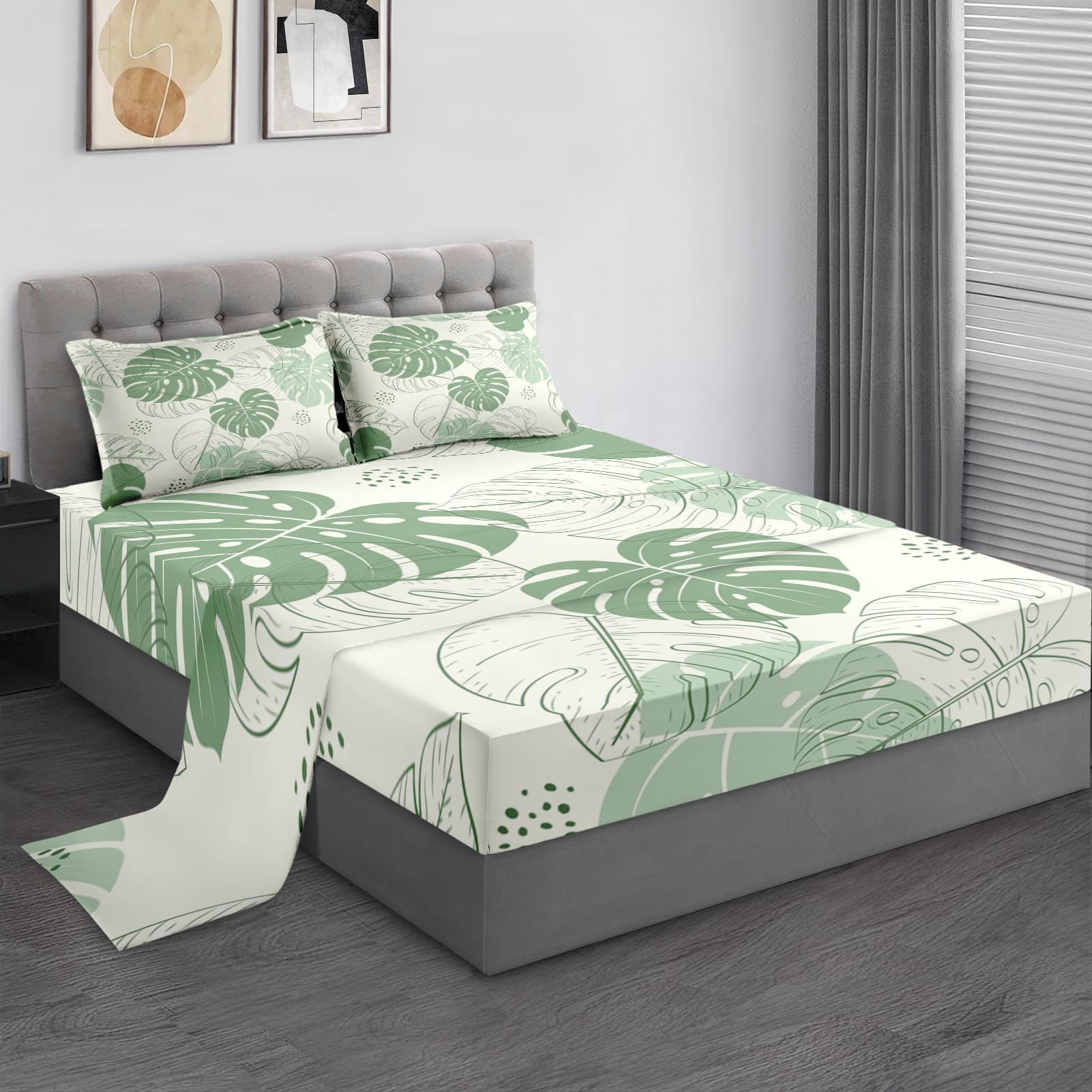 Full Size Bed Sheet Sets, Tropical Leaves Monstera Soft Microfiber 4 Pcs Bedding Sets for Kids and Adults Bedroom Bed Decor, Floral Summer Botanical Flat, Fitted Sheet and 2 Pillowcases