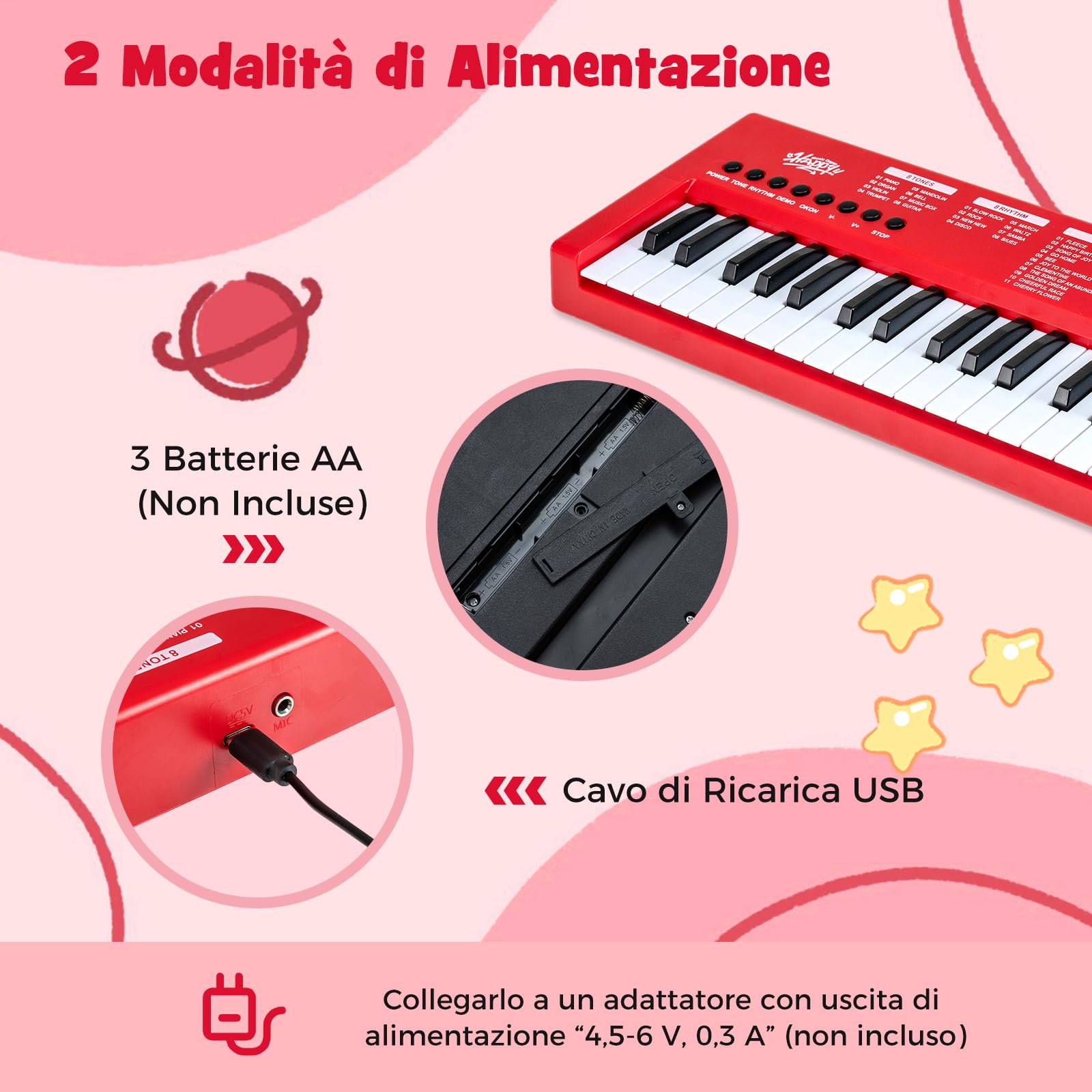 COSTWAY Pianoforte Digitale 37 Tasti per Bmabini 3+Anni (Rosso) | Pianola Portatile con 8 Ritmi, 8 Timbri e 22 Demo, Tastiera Musicale Educativo con Microfono e Cavo USB