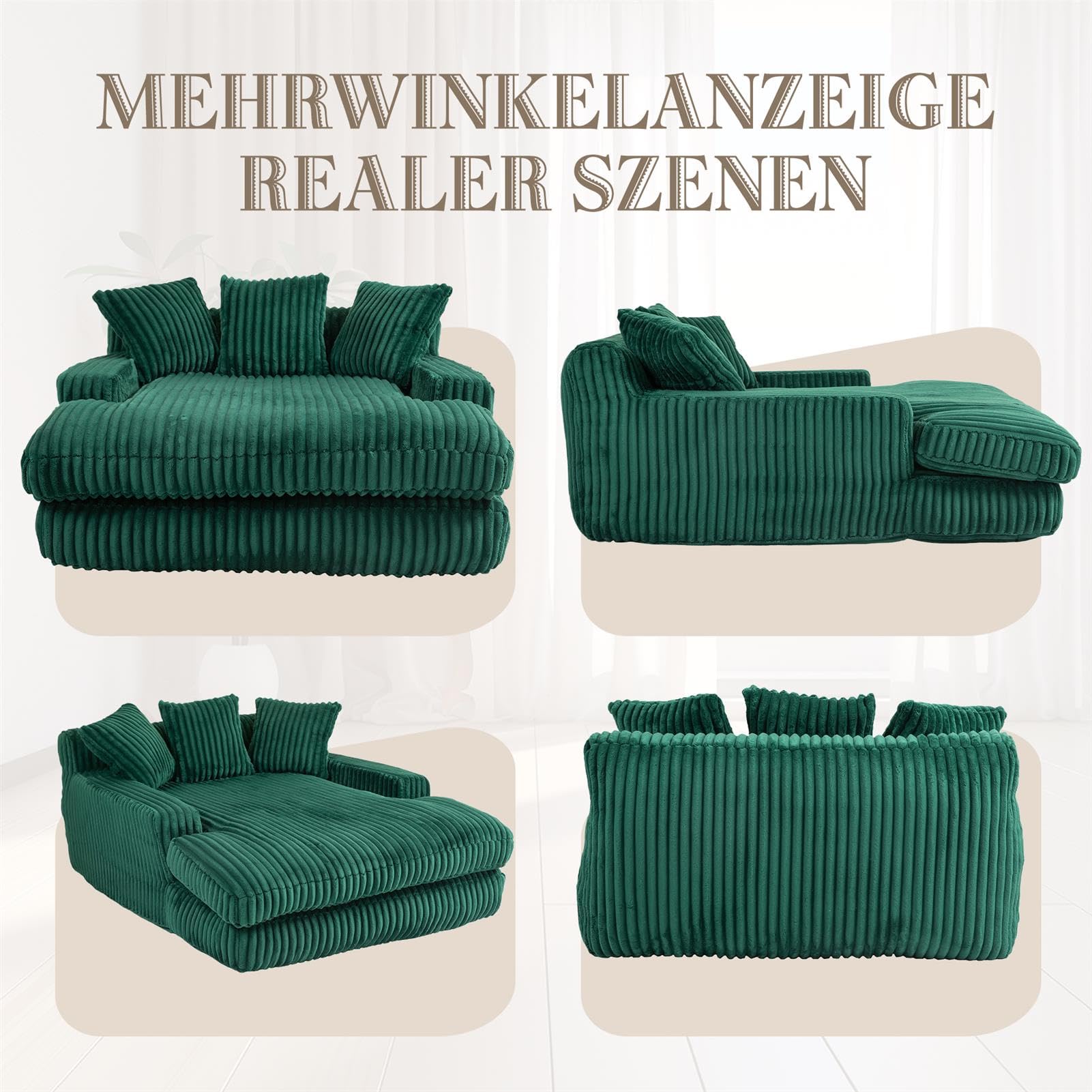 Cord Schlafsofa Cloud Couch mit 3 Weichen Kissen, 155 cm Lange, Rahmenlose Chaiselongue mit Extra Tiefer SitzfläChe, Bequemes Einzelsitz Bodensofa für Wohnzimmer, Wohnung Oder BüRo