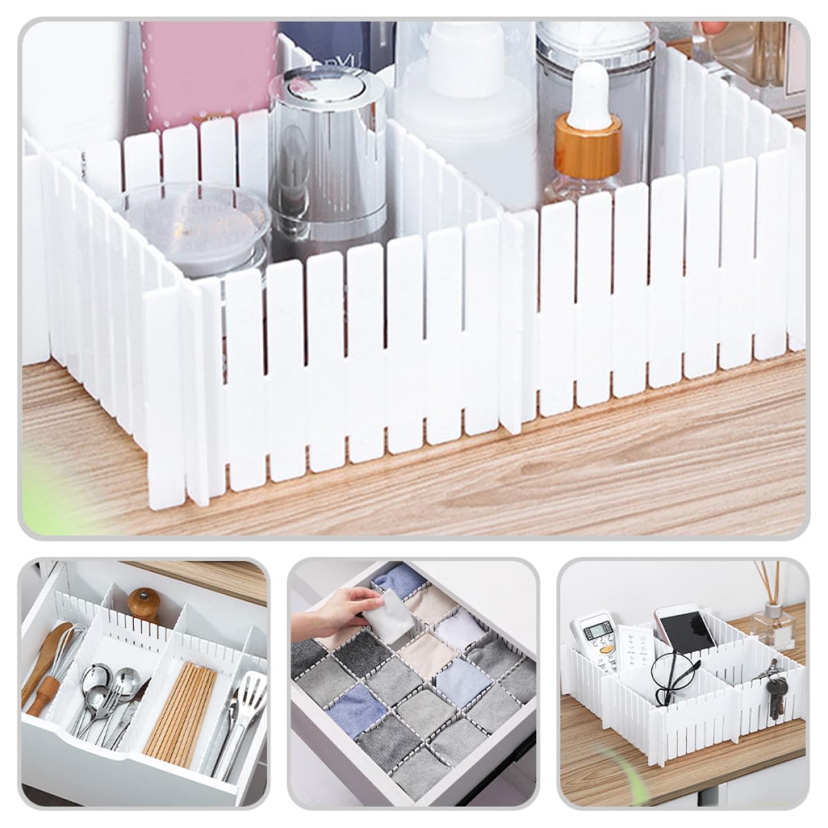 12 separadores ajustables de plástico blanco para cajones para oficina y cocina, sistema modular para almacenamiento de ropa interior, calcetines y objetos pequeños