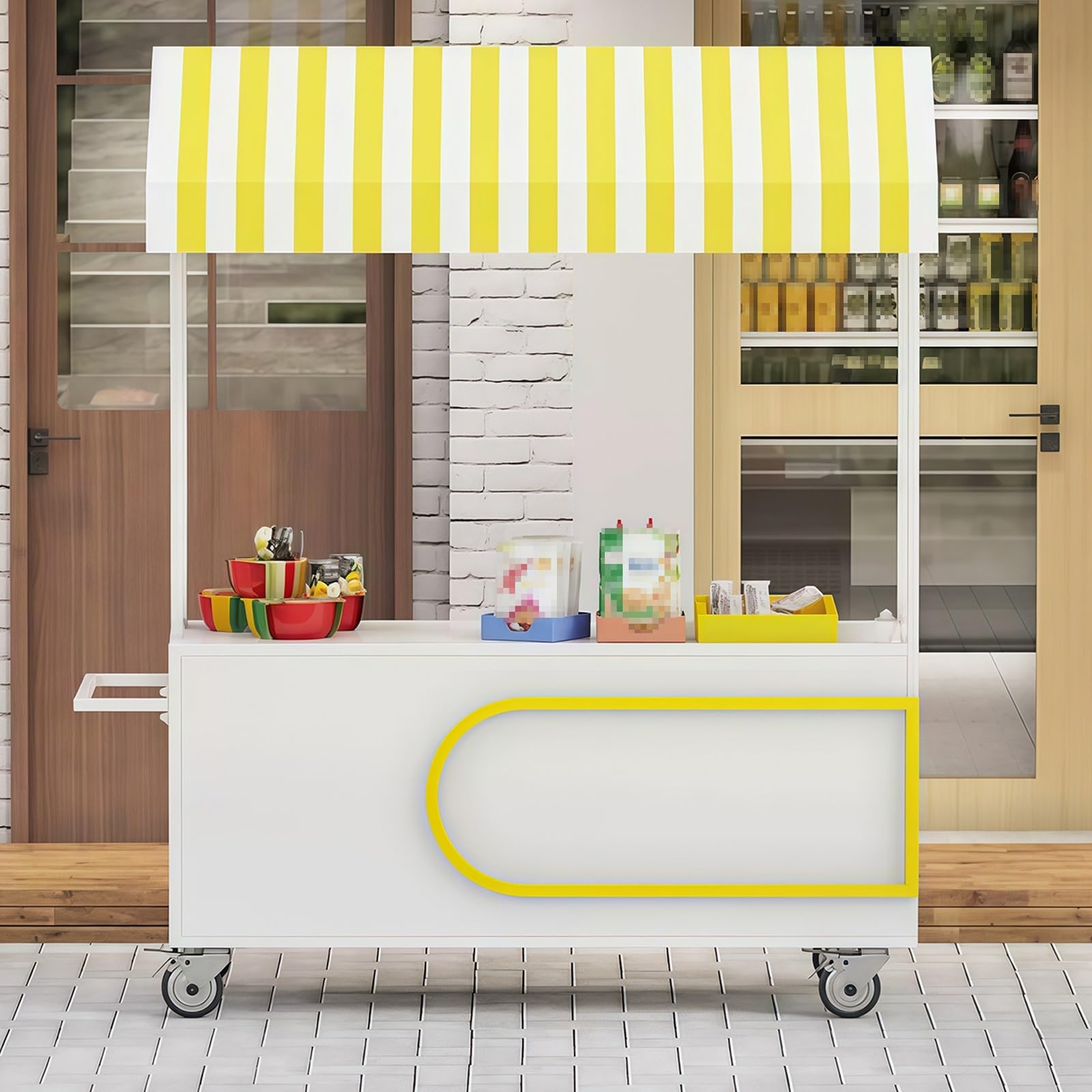 Mobiler Verkaufswagen für Außenbereich, Metall-Verkaufswagen mit Gestreiftem Vordach, für Märkte, Veranstaltungen und Street Food(Yellow,180cm/70.8in)