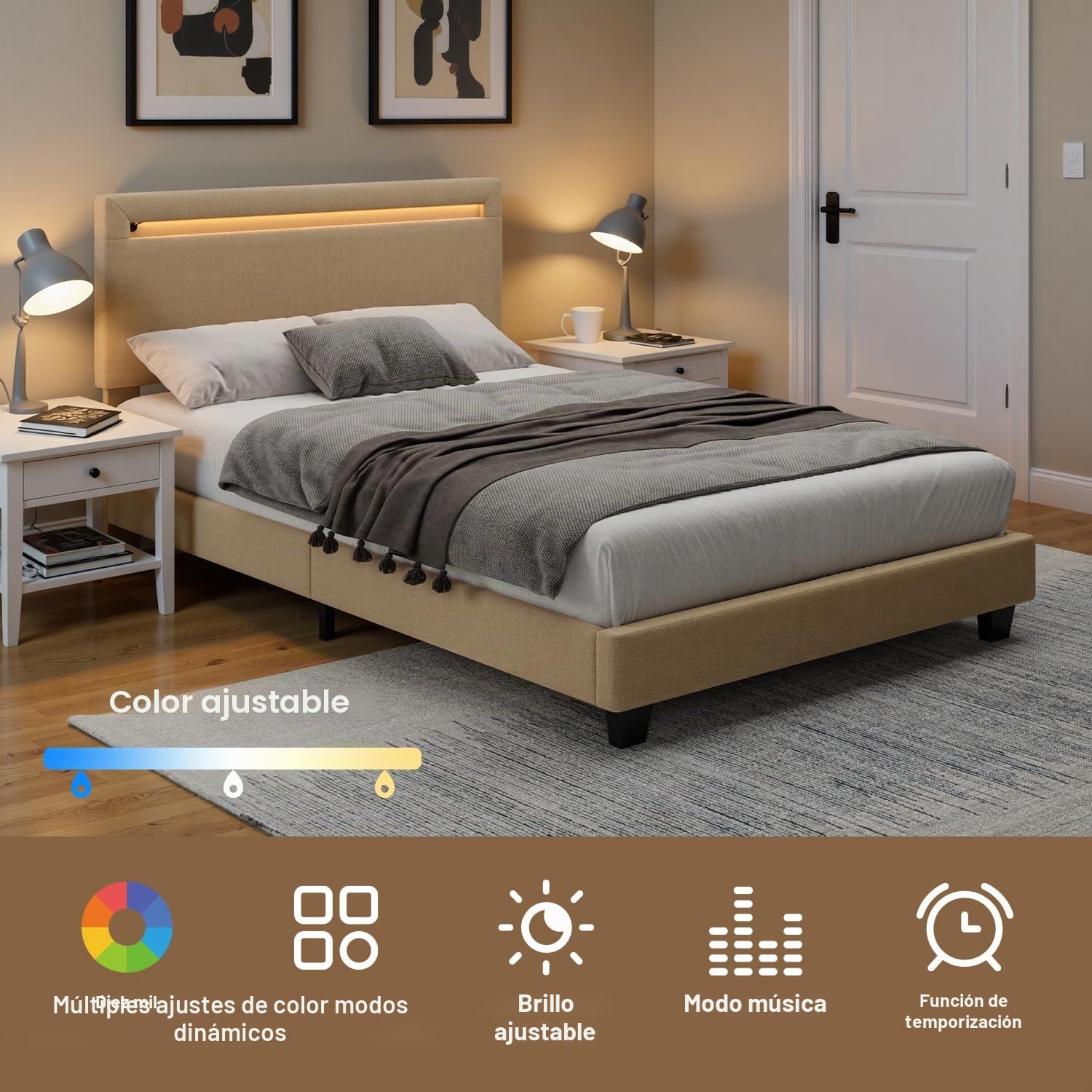 Cama Individual 120x200 cm con Iluminación LED Regulable y Esta, Cabecero Tapizado, Bastidor de Hierro Resistente, Ahorra Espacio, Ideal para Dormitorios y Habitaciones de Invitados, Beige