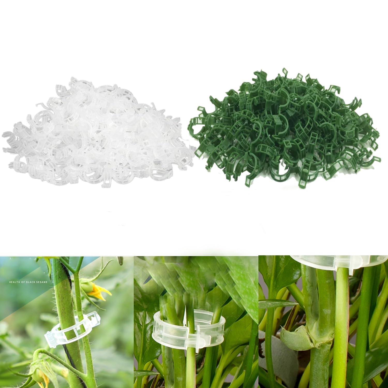 FAHOI Plant Support Clips, Plant Clips for Climbing Plants, Tomato Plant Support Twine Vine Trellis Cage Clips, Reusable Garden Clips Grafting Tools Upright Plant Growth (200, Green+White)