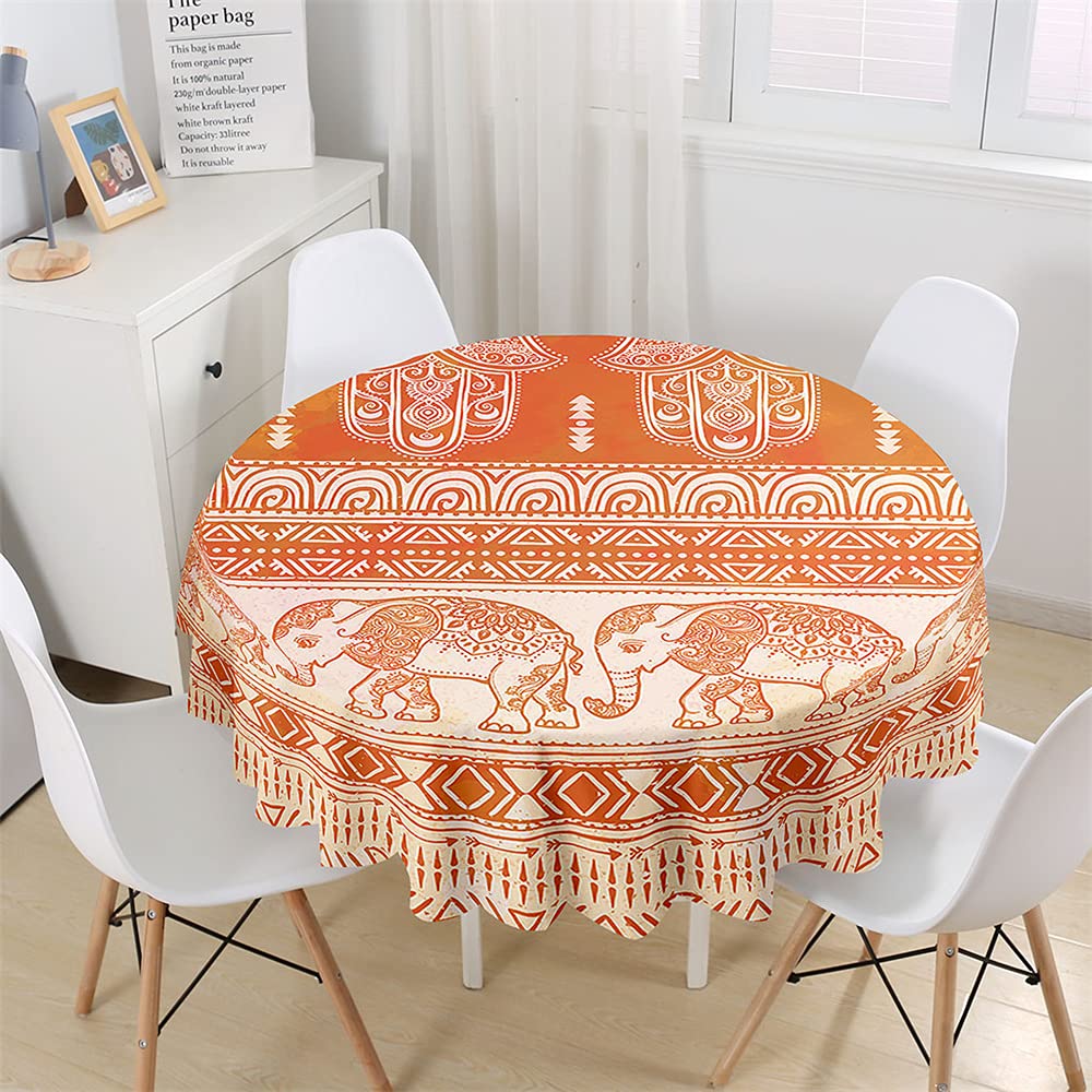 Chickwin Round Tablecloth Creative Colorful Bohemia Waterproof Dust-Proof Polyester Fabric Outdoor Table Cloth Wipe Clean Table Cover Kitchen Garden Round Table Decor (Orange Elephant,150cm)