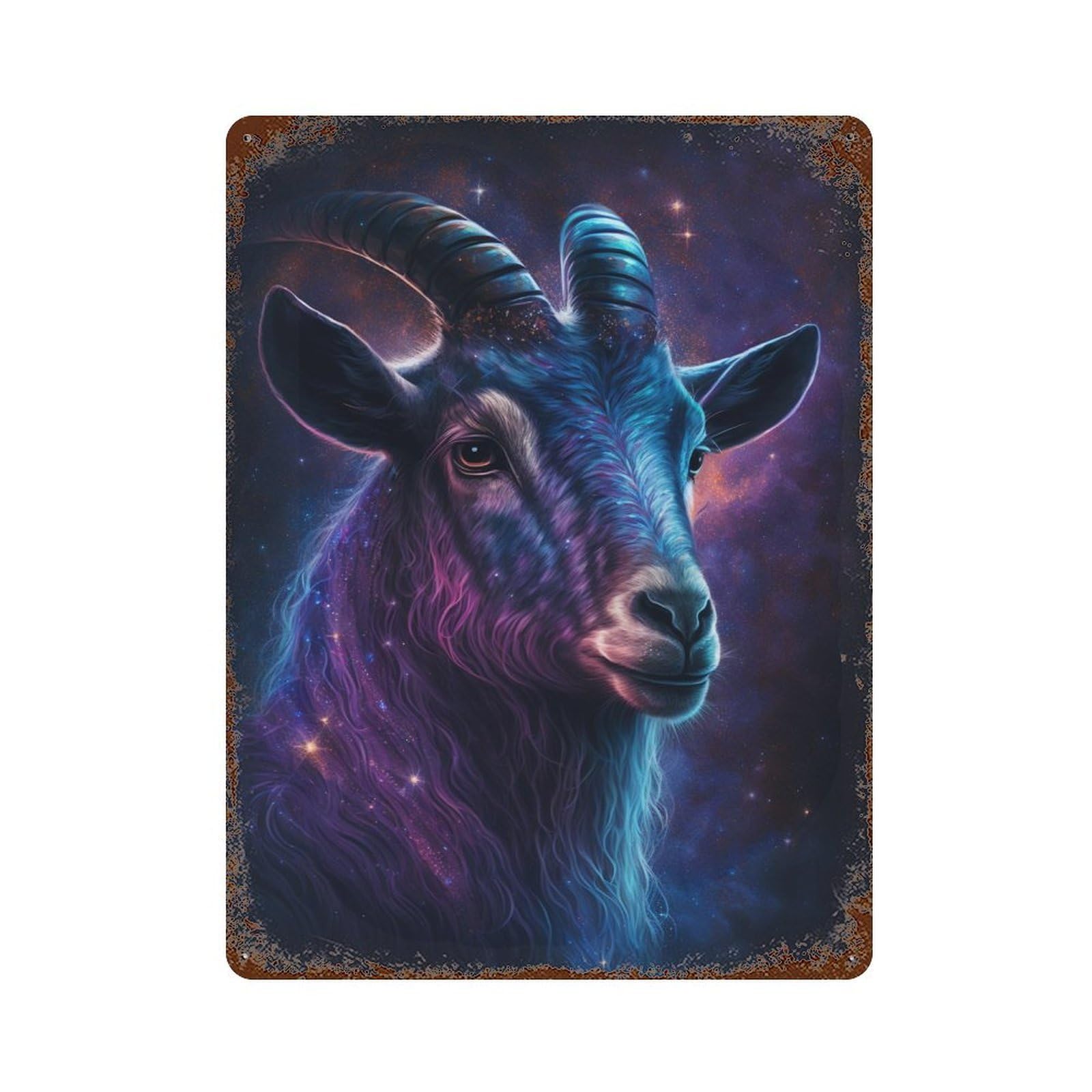 Vintage Rust Metal Sign Cosmic Goat Portrait 15.7"x11.8", Retro Wall Decor for Patio, Garden Room And Bar Decor