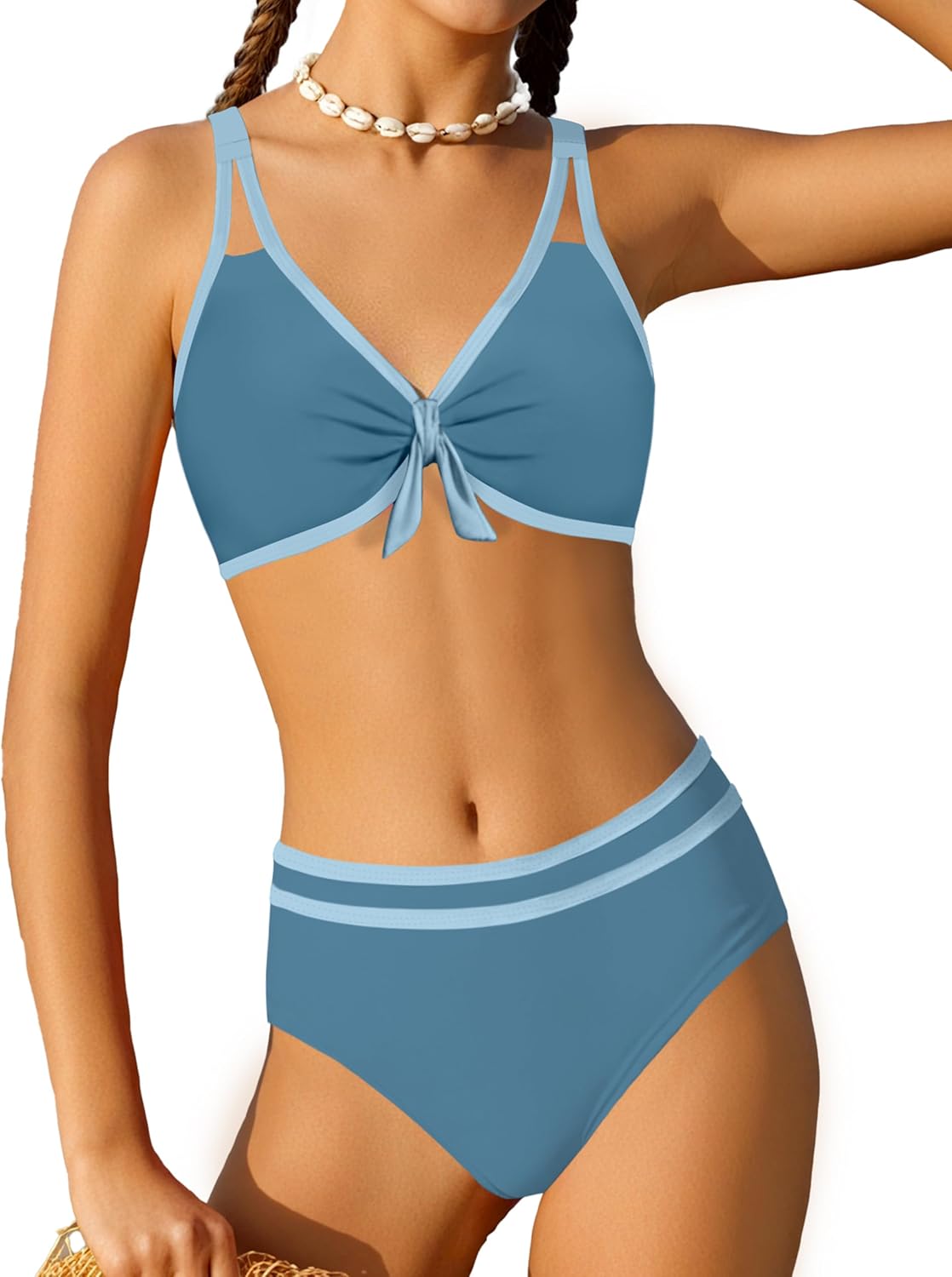 (11-12Y) Girls Swimsuit Two Piece Cute Bunny Knot Bikini Set Color Block Welt Twist Cross Girls Bathing Suit 9-16 Years Blue 11-12 Years