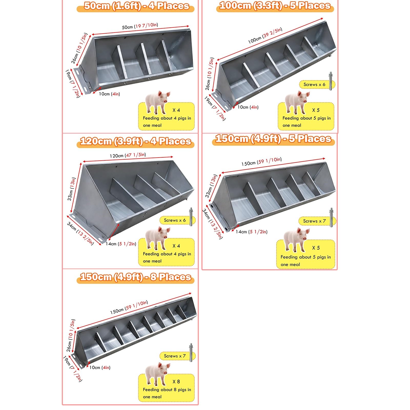Comedero for Cerdos De Acero Inoxidable (50/100/120/150 Cm), Comederos for Ganado, Cabras Y Caballos, Valla Segmentada + Borde Redondeado, for Interior/Exterior(50cm)