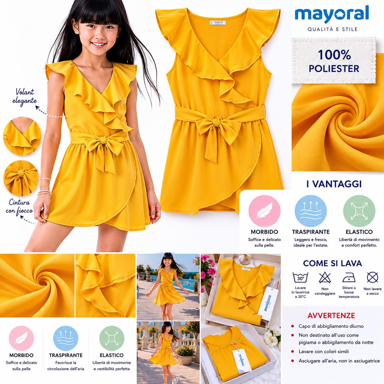 Jumpsuit Schleife mit Rüschen, Sommerkleid für Mädchen, elegantes und frisches gelbes Kleid für Zeremonien, Partys, Urlaub und besondere Anlässe, Modell 6816