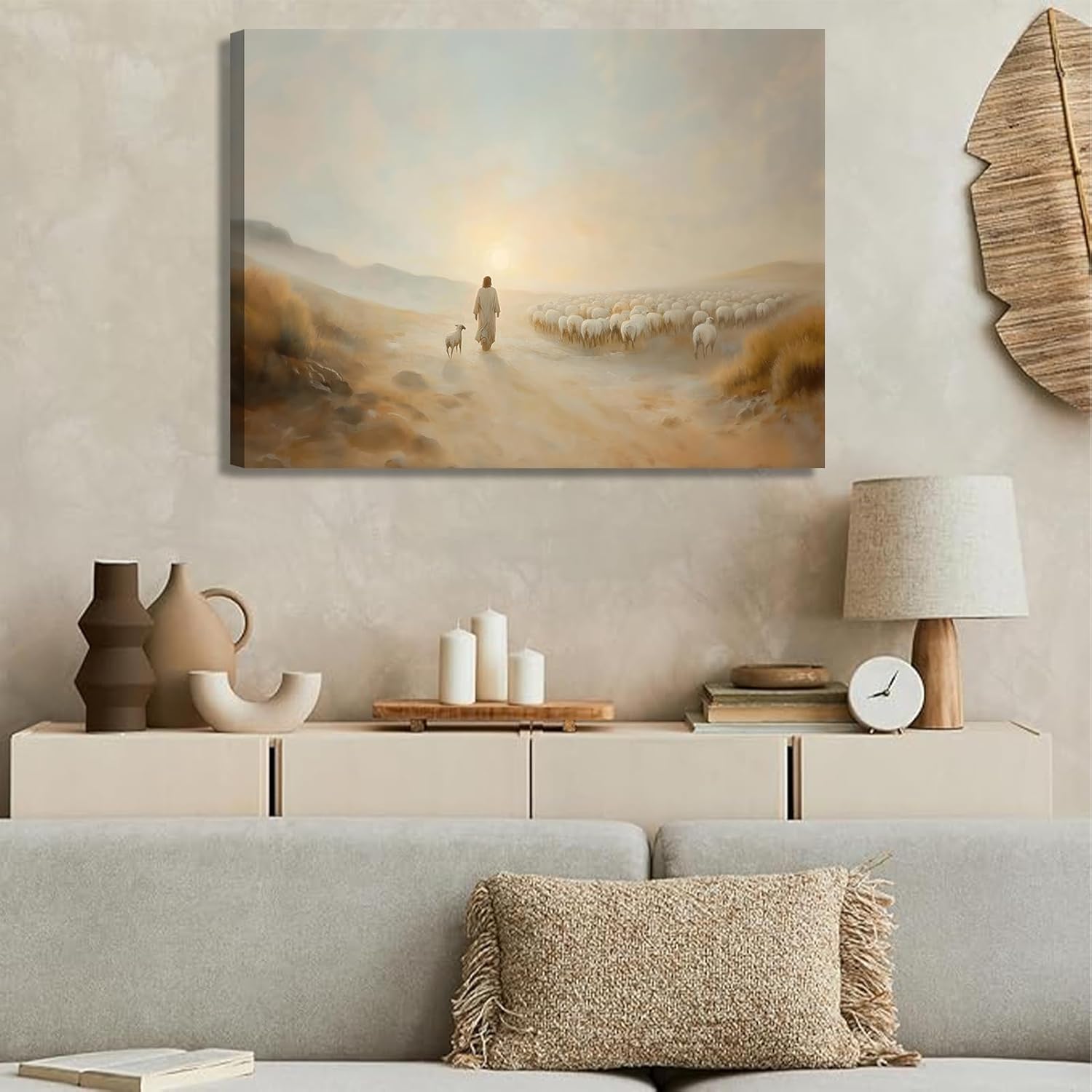 Jesus Leaves the 99 Wall Art Jesus Sheep pictures Wall Decor The Lost Lamb Poster Print Christian Landscape Painting Artwork for Gallery Church Home Decoration 24x16in Canvas